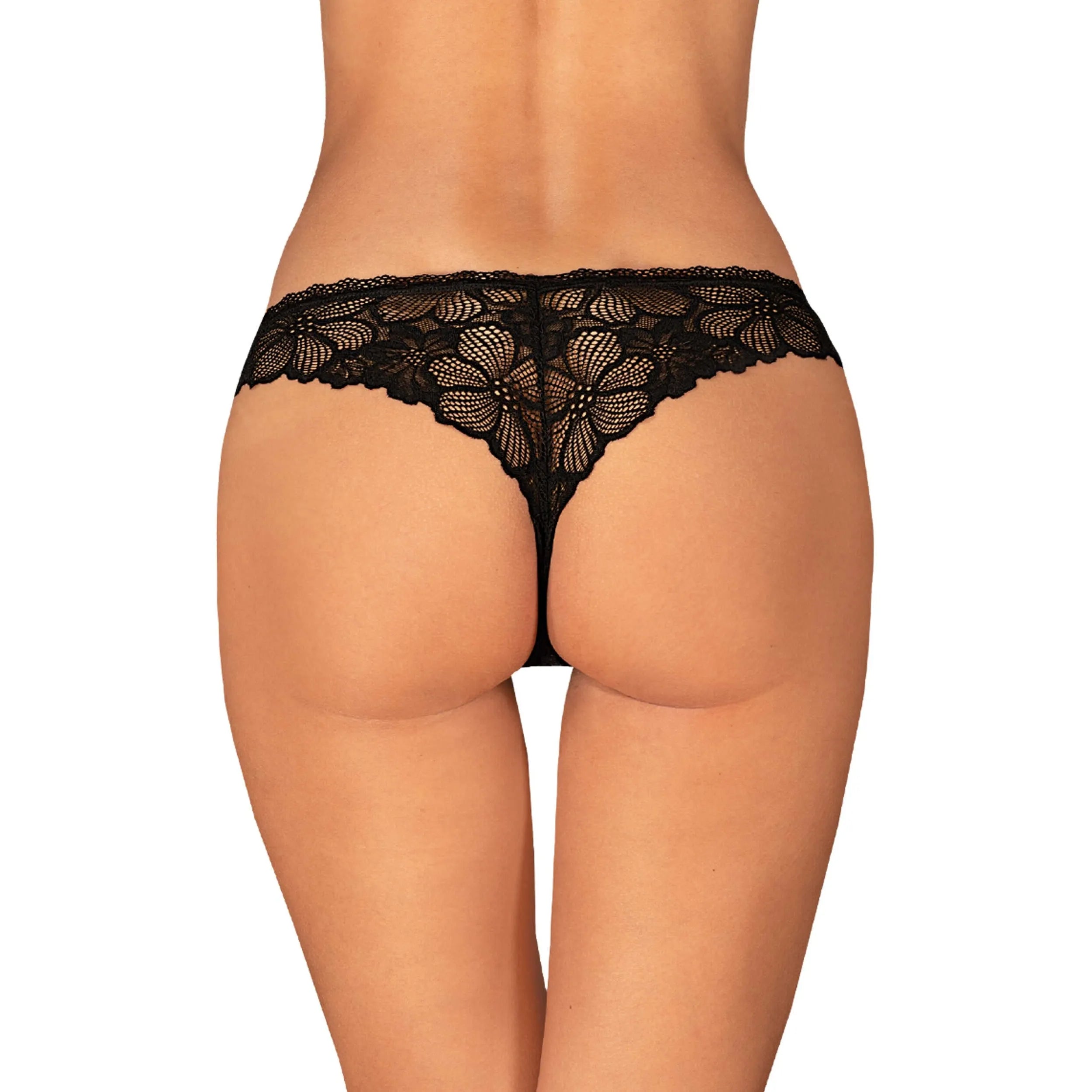 Tanga dentelle noire motif floral confort élastique pendentif argent