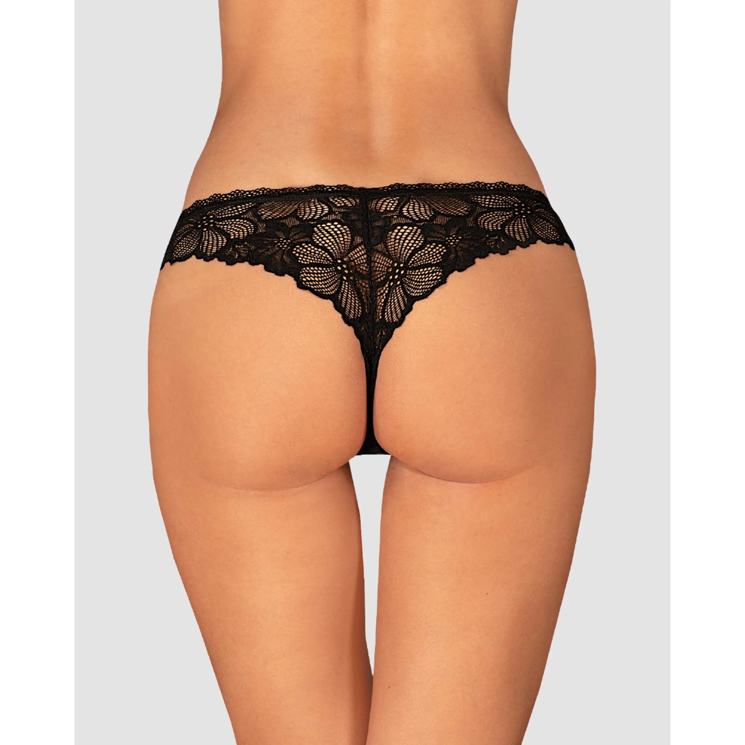 Tanga dentelle noire motif floral confort élastique pendentif argent