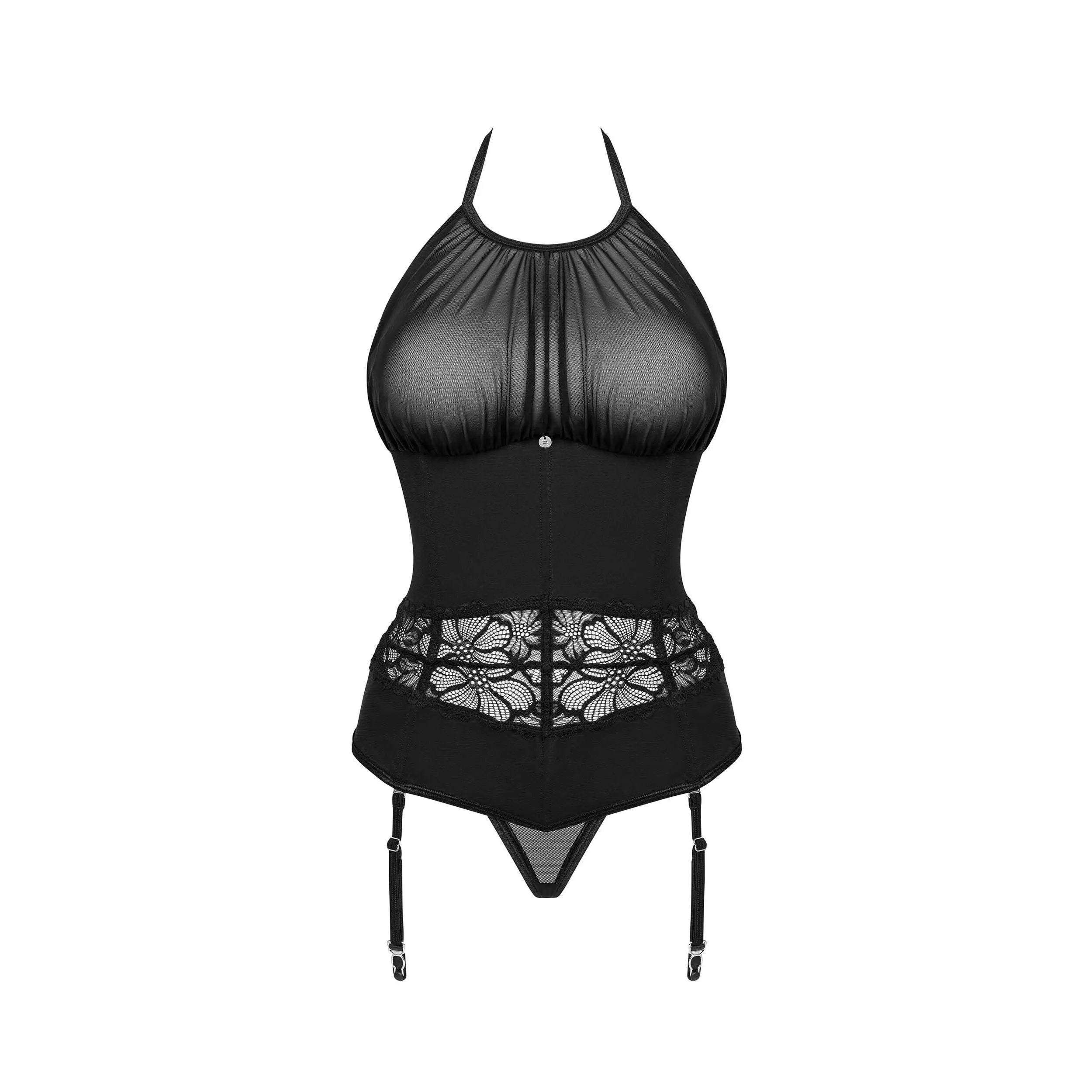Corset string noir Serafia sexy confortable ajustable matières luxueuses armatures tour de cou