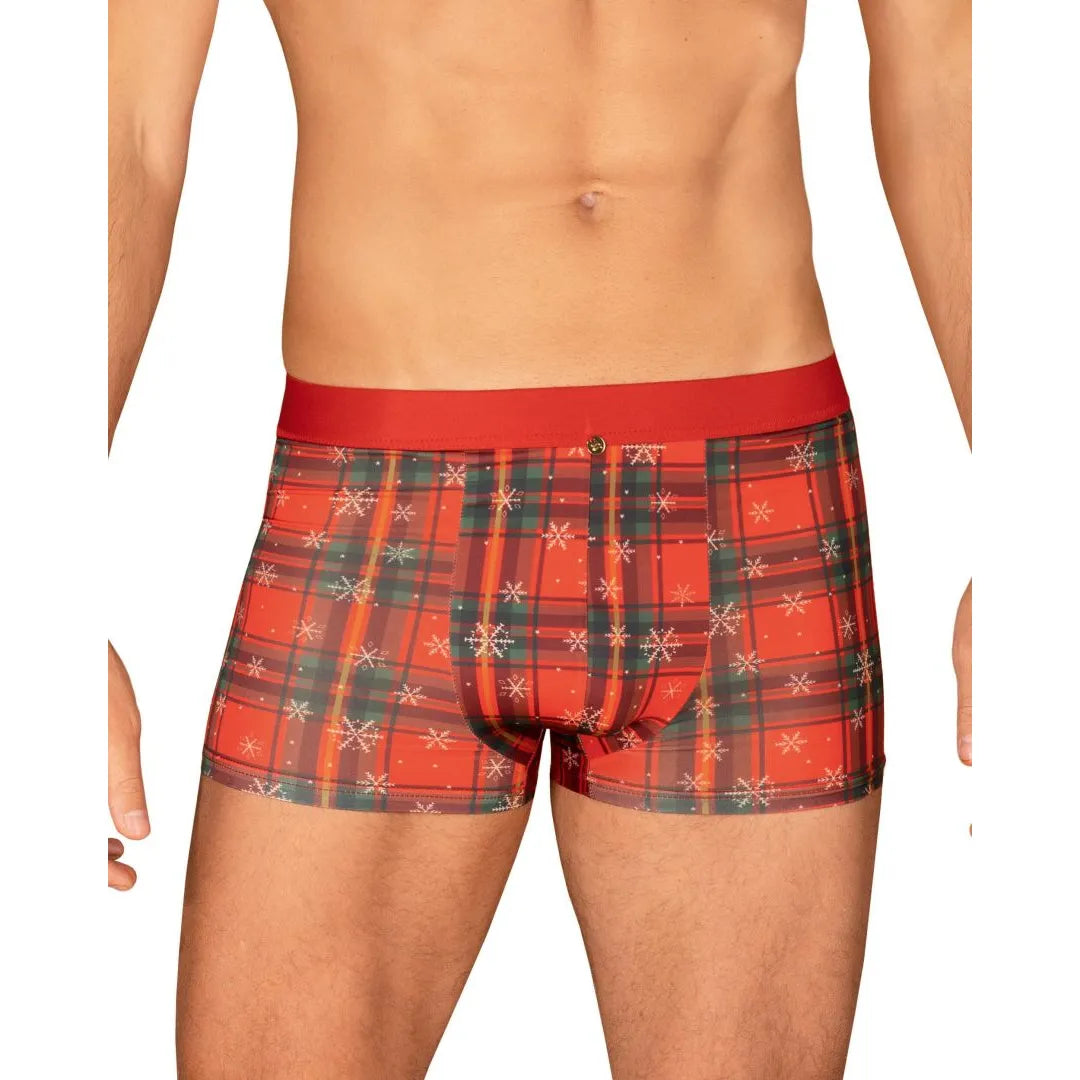 Boxer rouge homme Noël avec nœud papillon, motif festif, pendentif or, élégant et original pour fêtes de fin d'année.