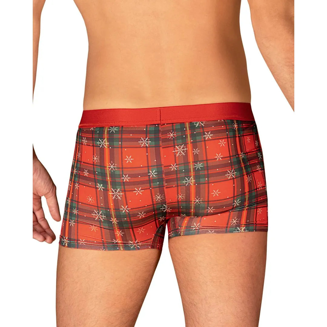 Boxer rouge Noël homme avec nœud papillon, pendentif or, motif festif, élégant et original pour fêtes de fin d'année.