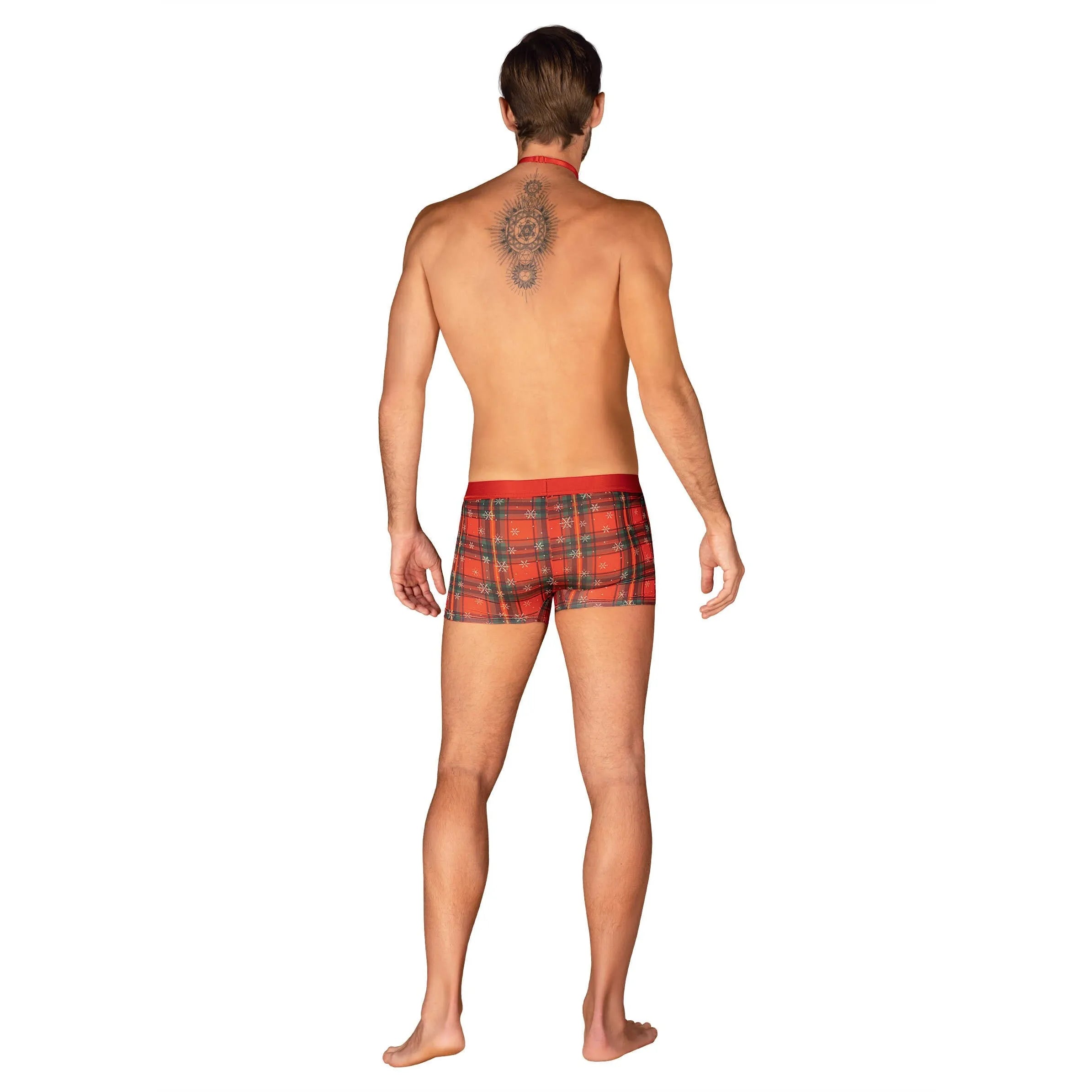 Boxer Noël rouge homme avec nœud papillon, motif festif, pendentif or, élégant et original pour fêtes de fin d'année.