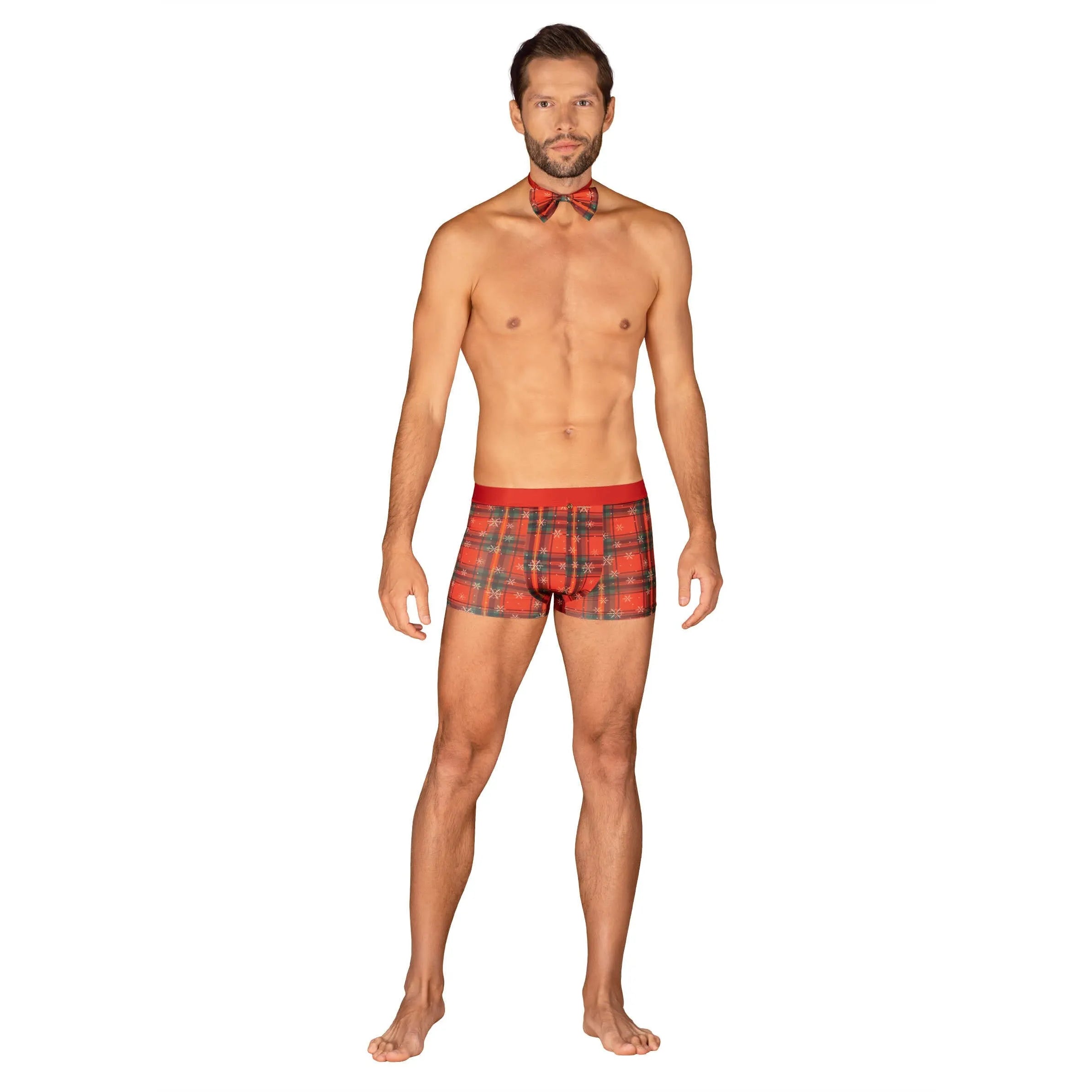 Boxer Noël rouge homme avec motif festif, nœud papillon et pendentif or, idéal pour les fêtes de fin d'année.