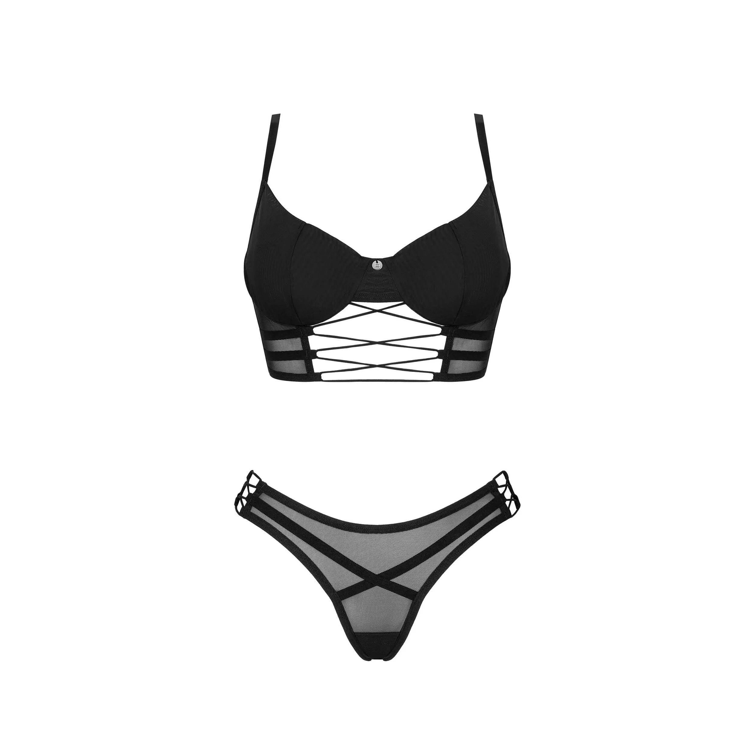 Ensemble 2 pièces ouvert noir avec détails en mesh et pendentif argent