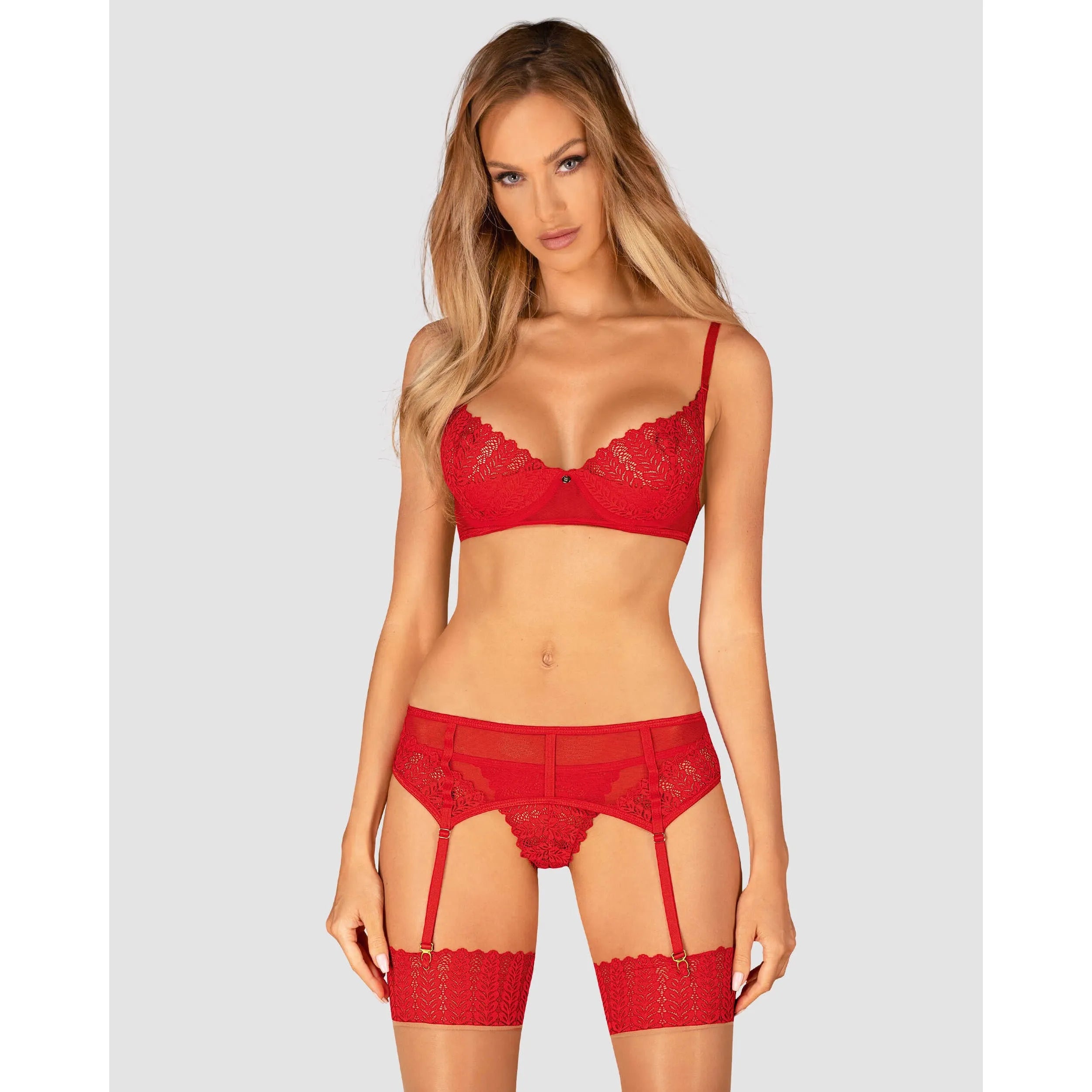 Ingridia ensemble lingerie rouge 3 pièces sexy dentelle ajustable pendentif brillant