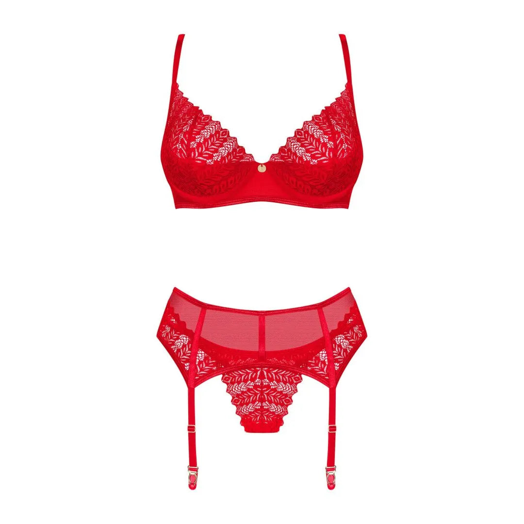 Ingridia ensemble lingerie rouge 3 pièces sexy dentelle ajustable pendentif brillant