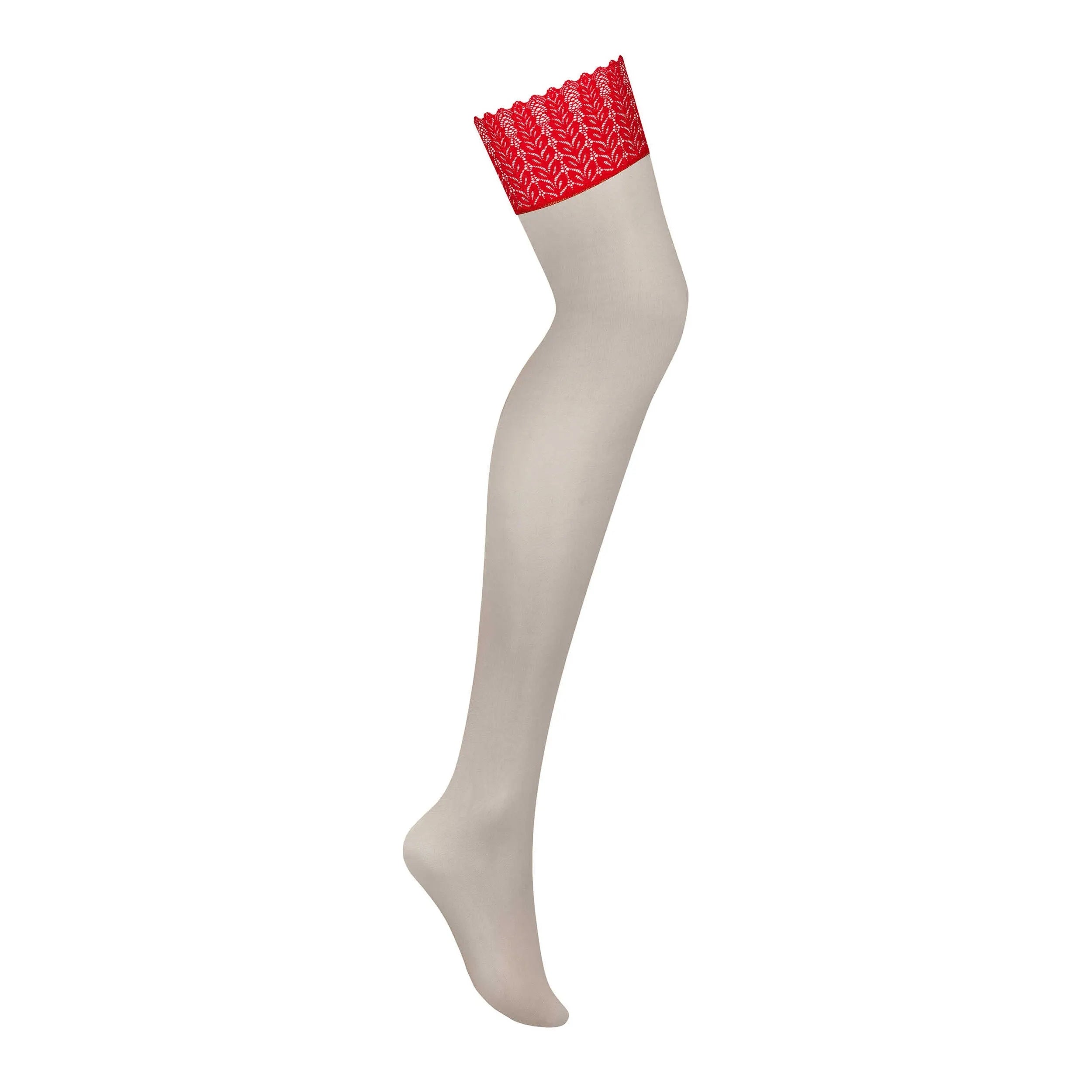Bas nude avec dentelle rouge sophistiquée, jambes affinées, accessoire glamour et séduisant pour un style audacieux.