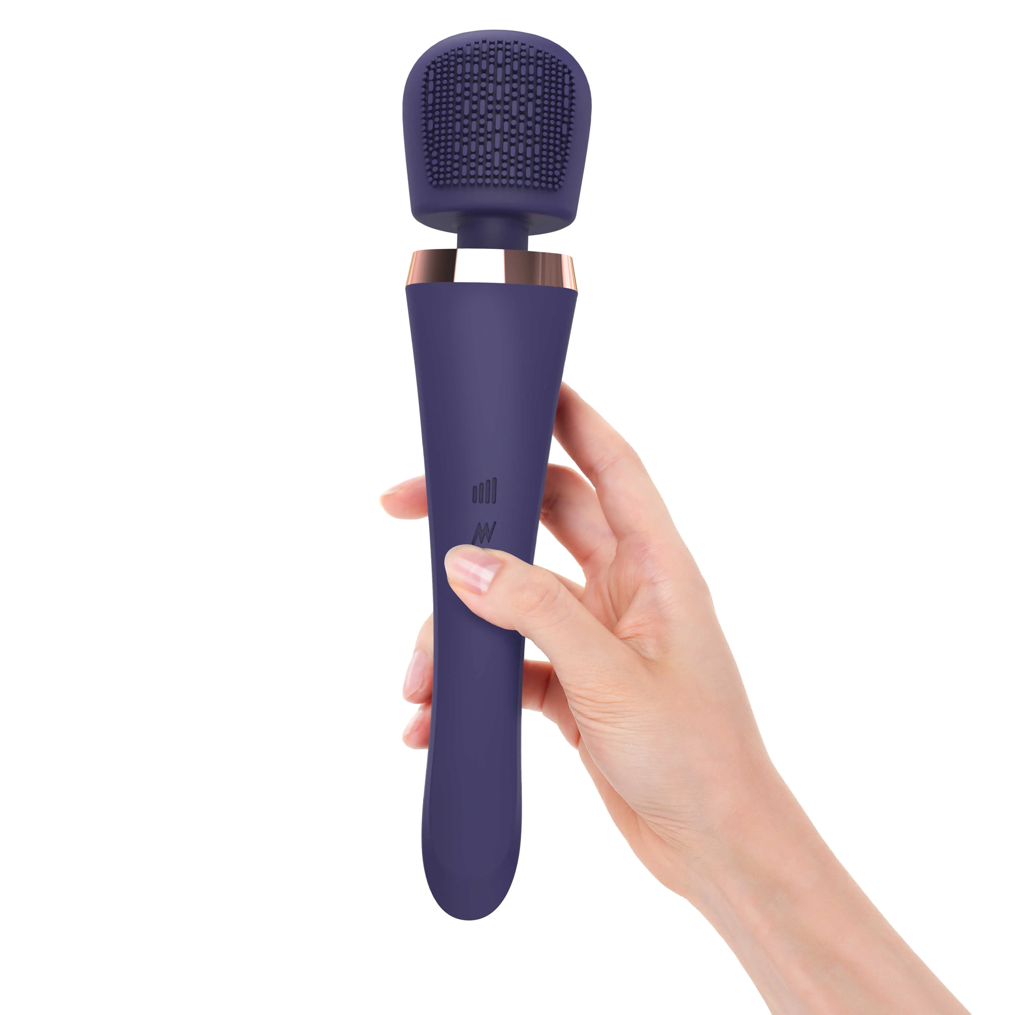 Stimulateur wand Brush Crush Midnight Indigo, design élancé, tête plate texturée, couleur indigo, 20 modes vibration.