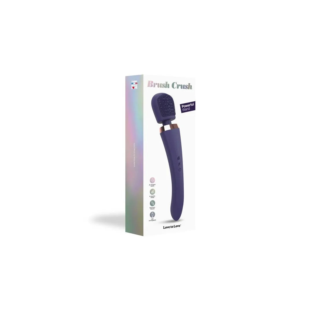 Stimulateur wand Brush Crush Midnight Indigo, design élancé, tête plate texturée, 20 modes de vibration, boîte élégante.