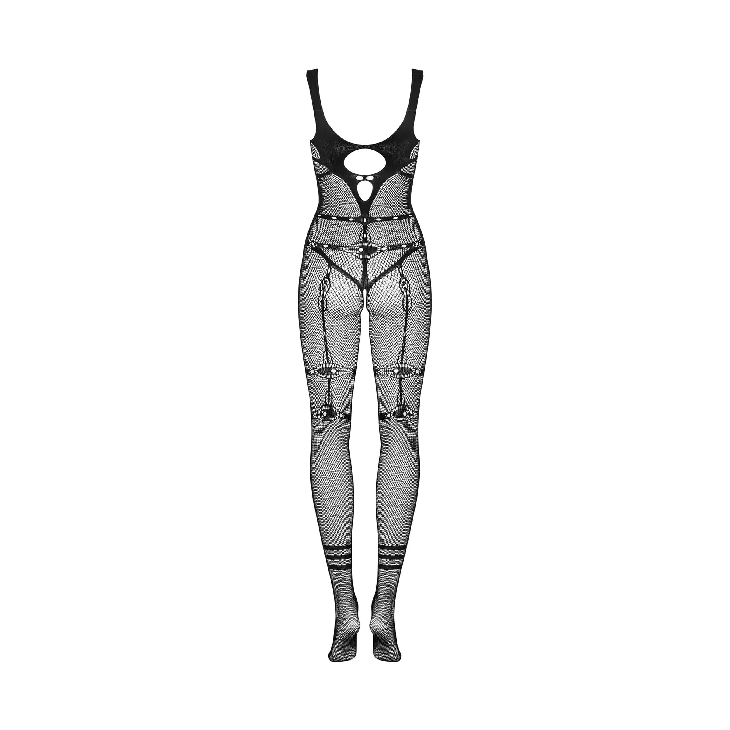 Bodystocking noir motif harnais, tissu élastique, design séduisant, souligne courbes féminines, idéal soirées spéciales.
