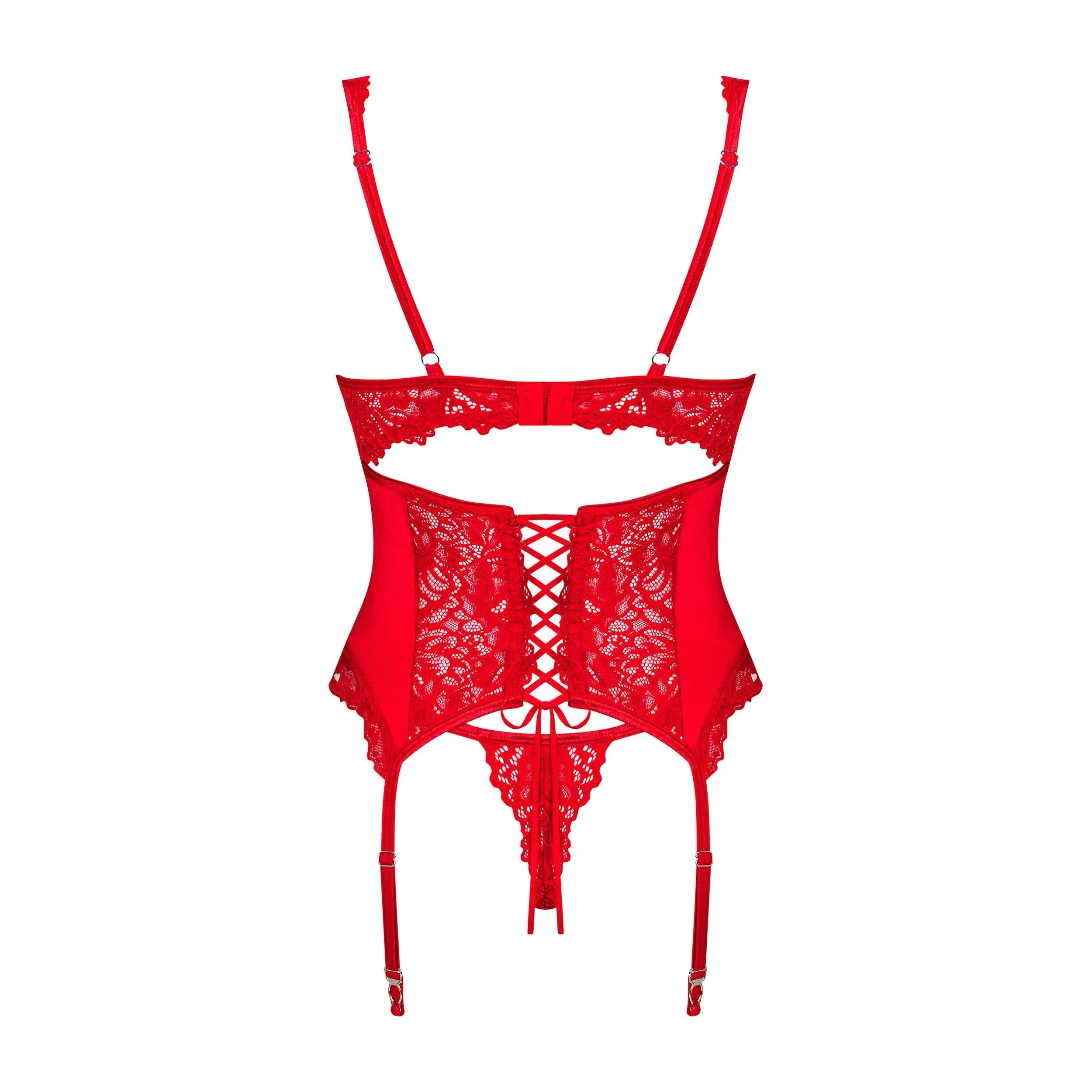Guêpière rouge intense avec dentelle, bretelles réglables et string assorti, design séduisant pour soirée romantique.