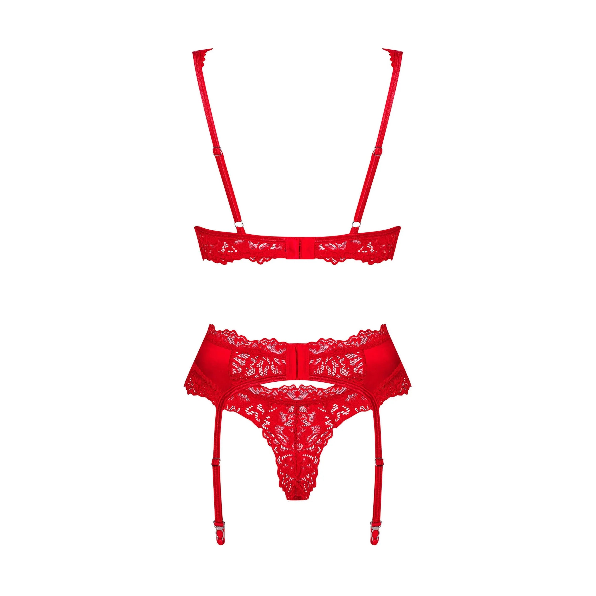 Ensemble lingerie rouge 3 pièces avec soutien-gorge, string et porte-jarretelles en dentelle, bretelles réglables.
