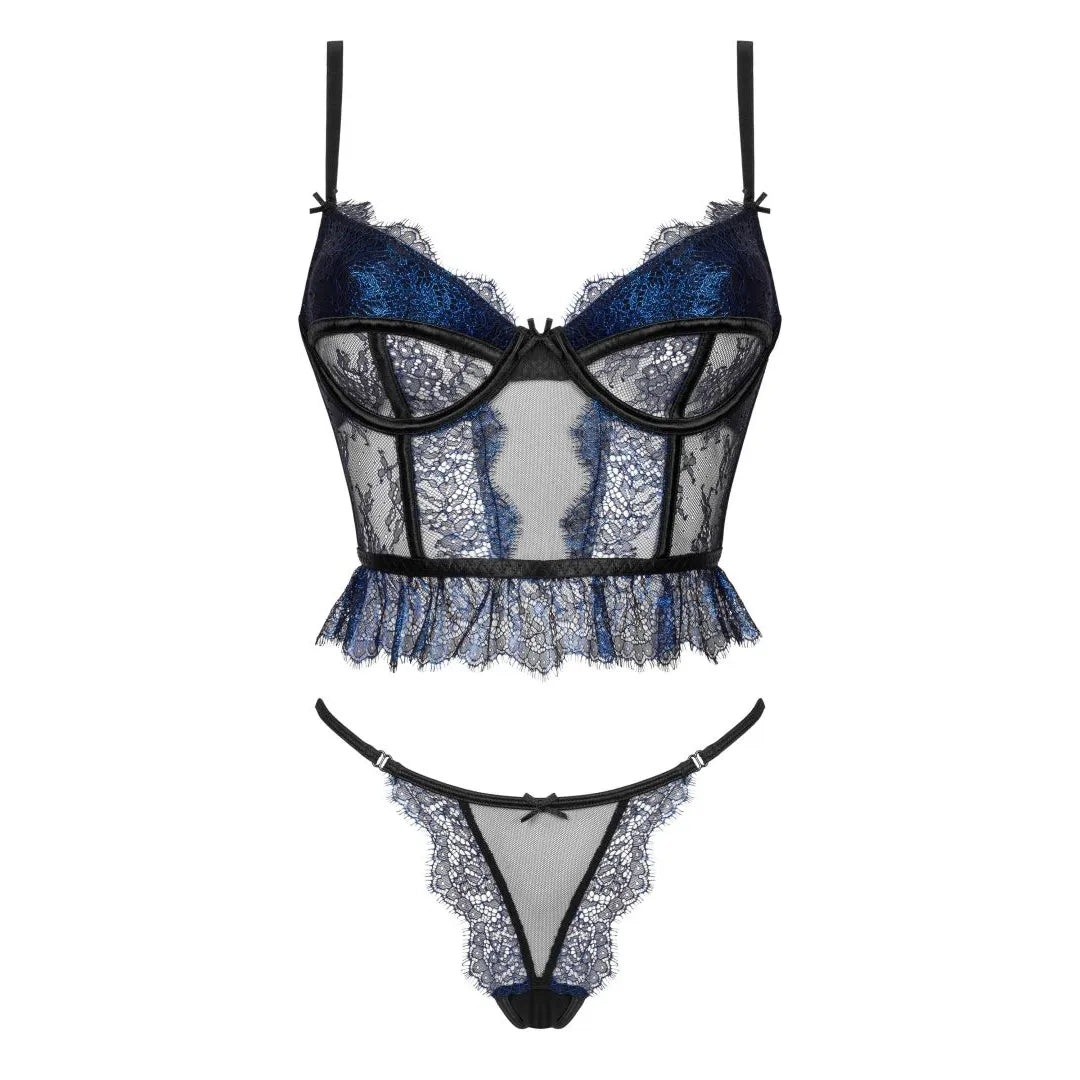 Ensemble lingerie tulle noir dentelle saphir métallisée, corset et culotte, élégant et romantique.