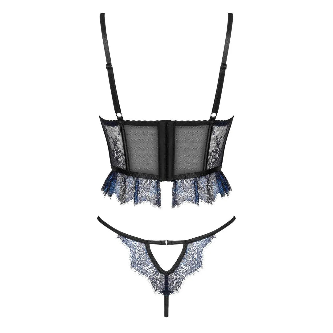 ensemble lingerie tulle noir dentelle saphir métallisée corset culotte romantique