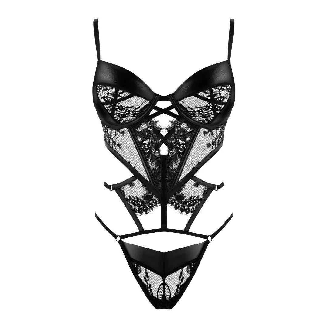 Body Leonela noir en dentelle et polyester élasthanne, design raffiné, taille S/M L/XL, lingerie élégante femme.