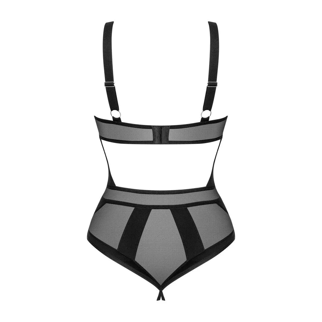 Body noir transparent Amoria, bretelles réglables, entrejambe ouvert, design chic et élégant pour silhouette raffinée.