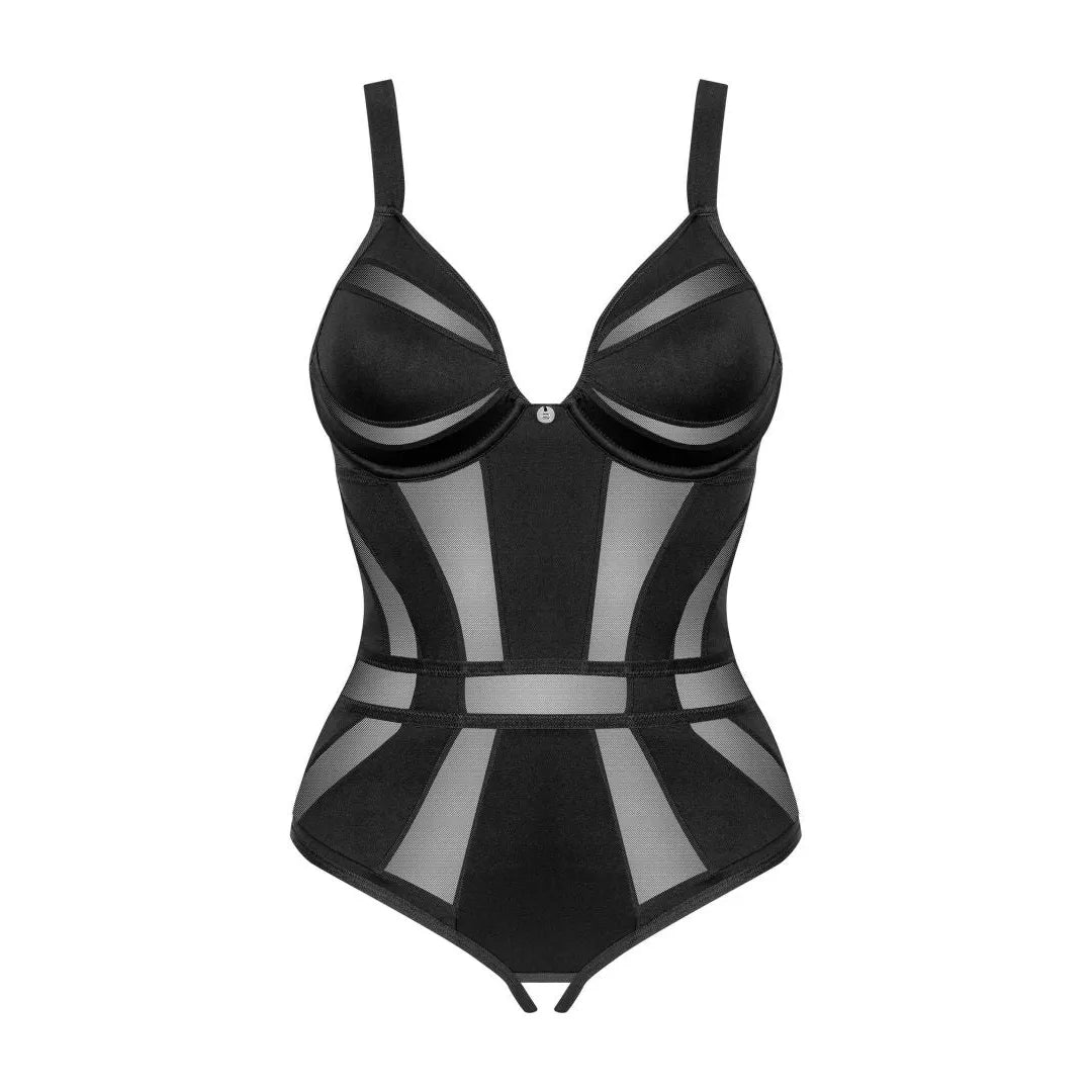 Body noir chic Amoria lingerie transparente, bretelles réglables, entrejambe ouvert, design élégant et séduisant.