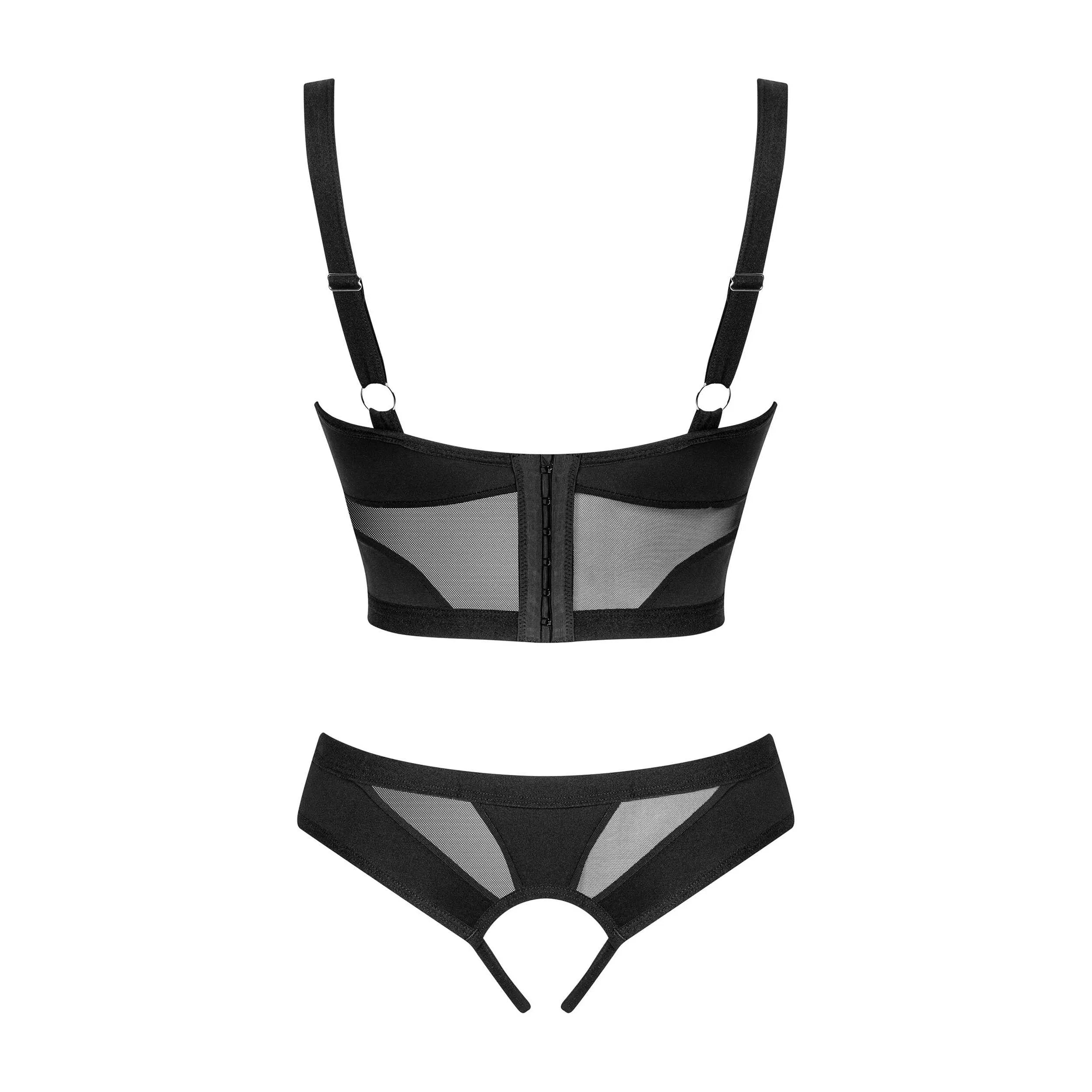 Ensemble lingerie noir ouvert, soutien-gorge et string ajustables, détails géométriques, élégant et sexy.