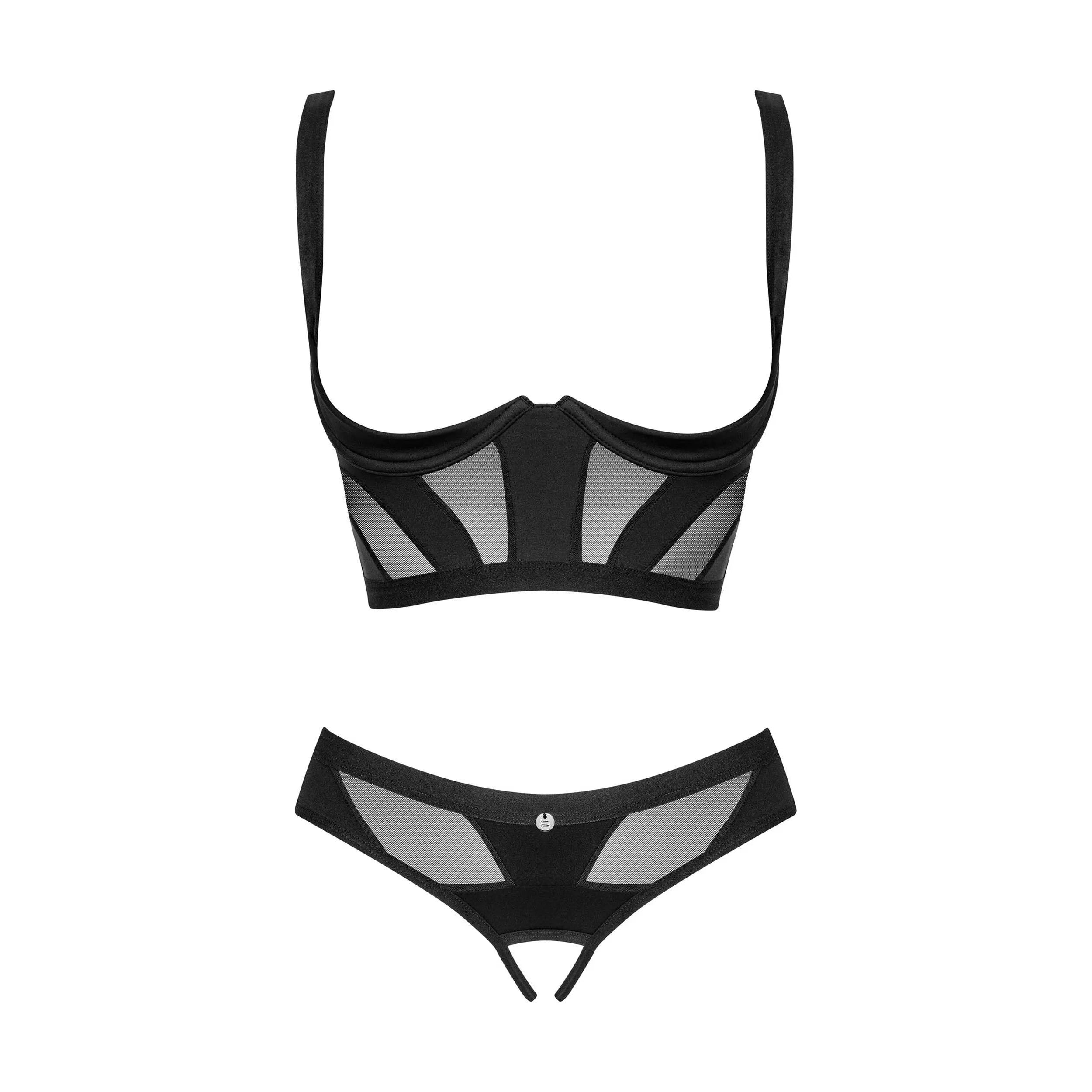 Ensemble lingerie noir ouvert avec détails géométriques, soutien-gorge et string ajustables, design sexy et élégant.