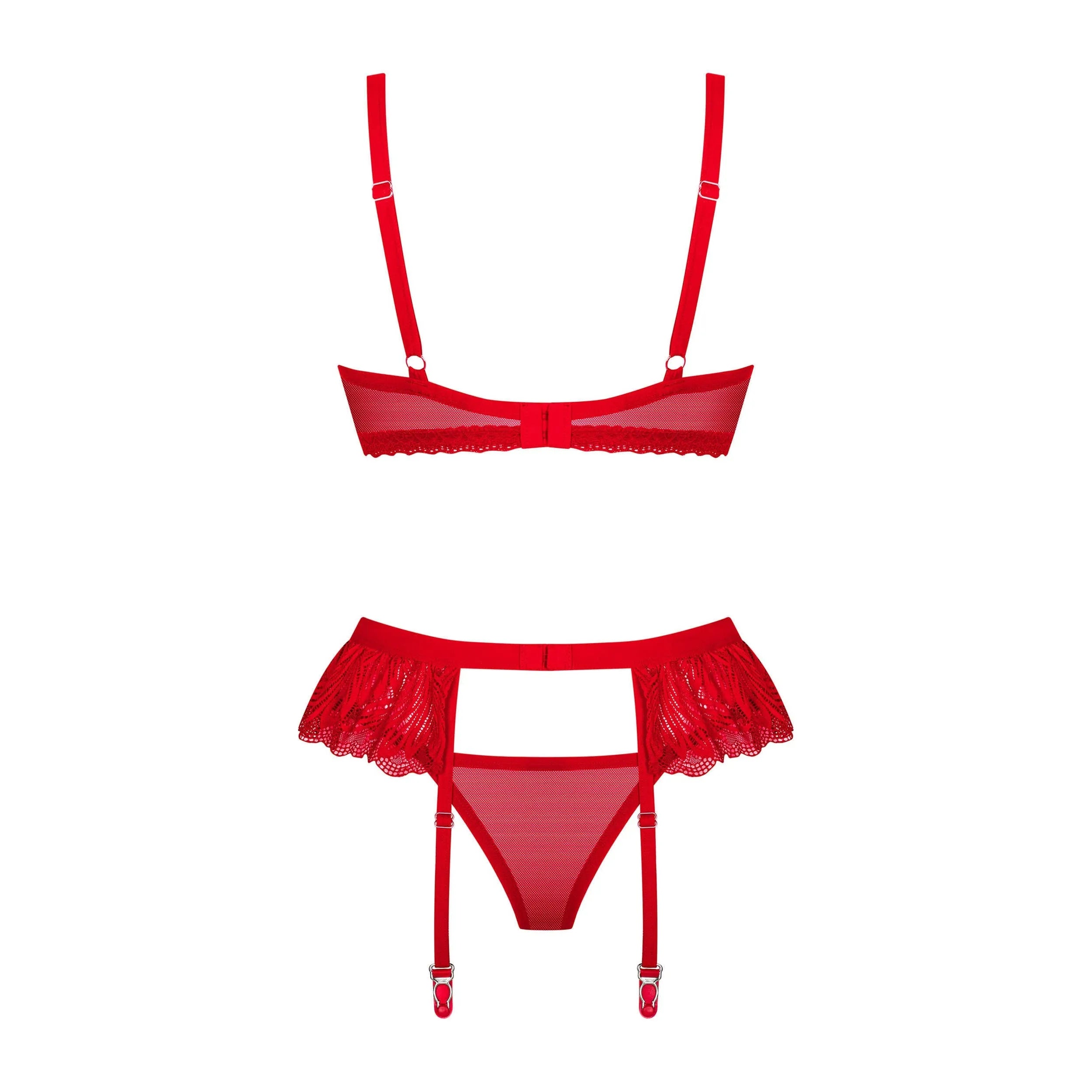Ensemble lingerie dentelle rouge intense 3 pièces ajustable sexy chic