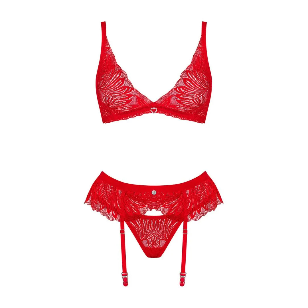 Ensemble lingerie dentelle rouge intense 3 pièces ajustable sexy chic