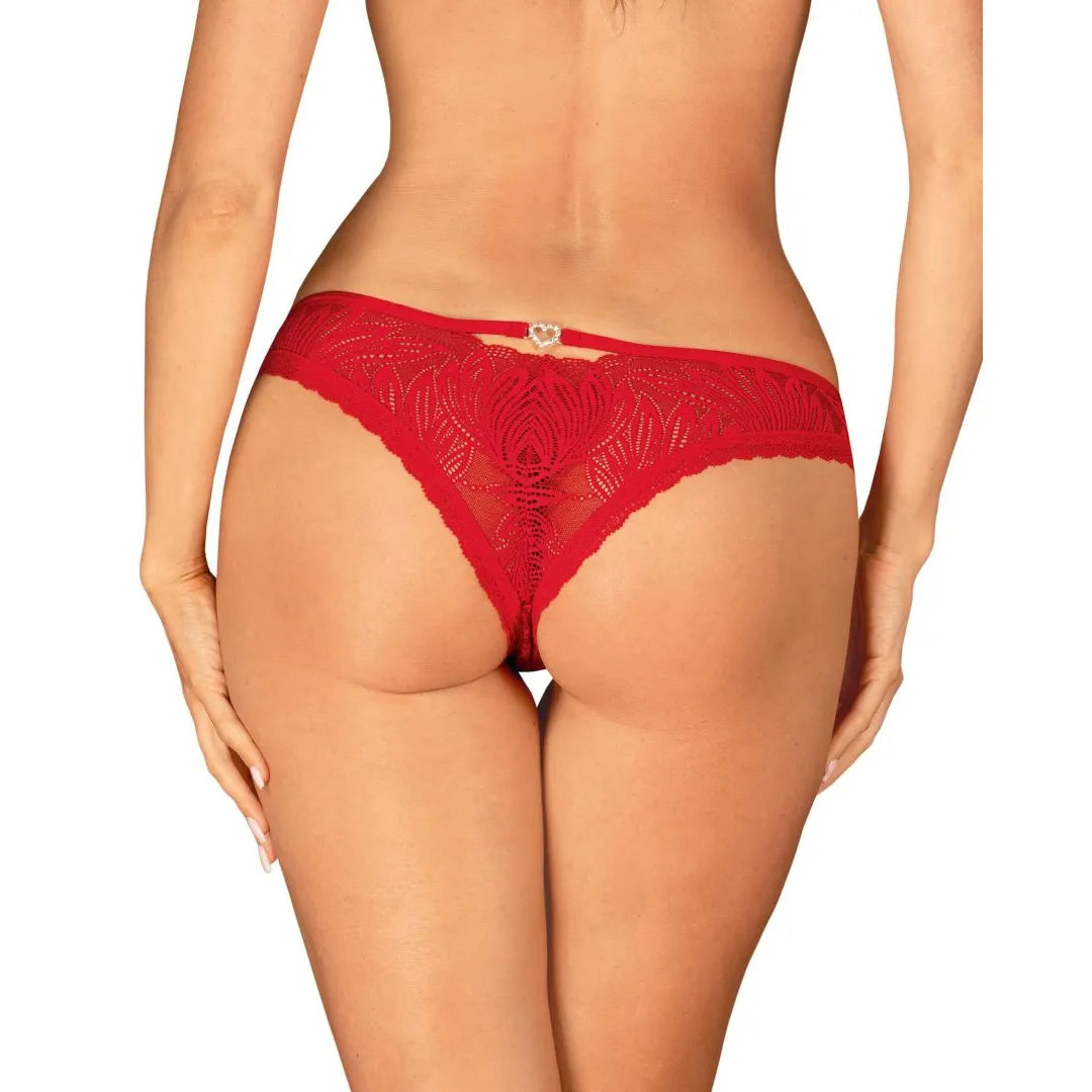 Culotte dentelle rouge avec zircons cœur, design élégant et confortable, vue arrière, lingerie féminine raffinée.