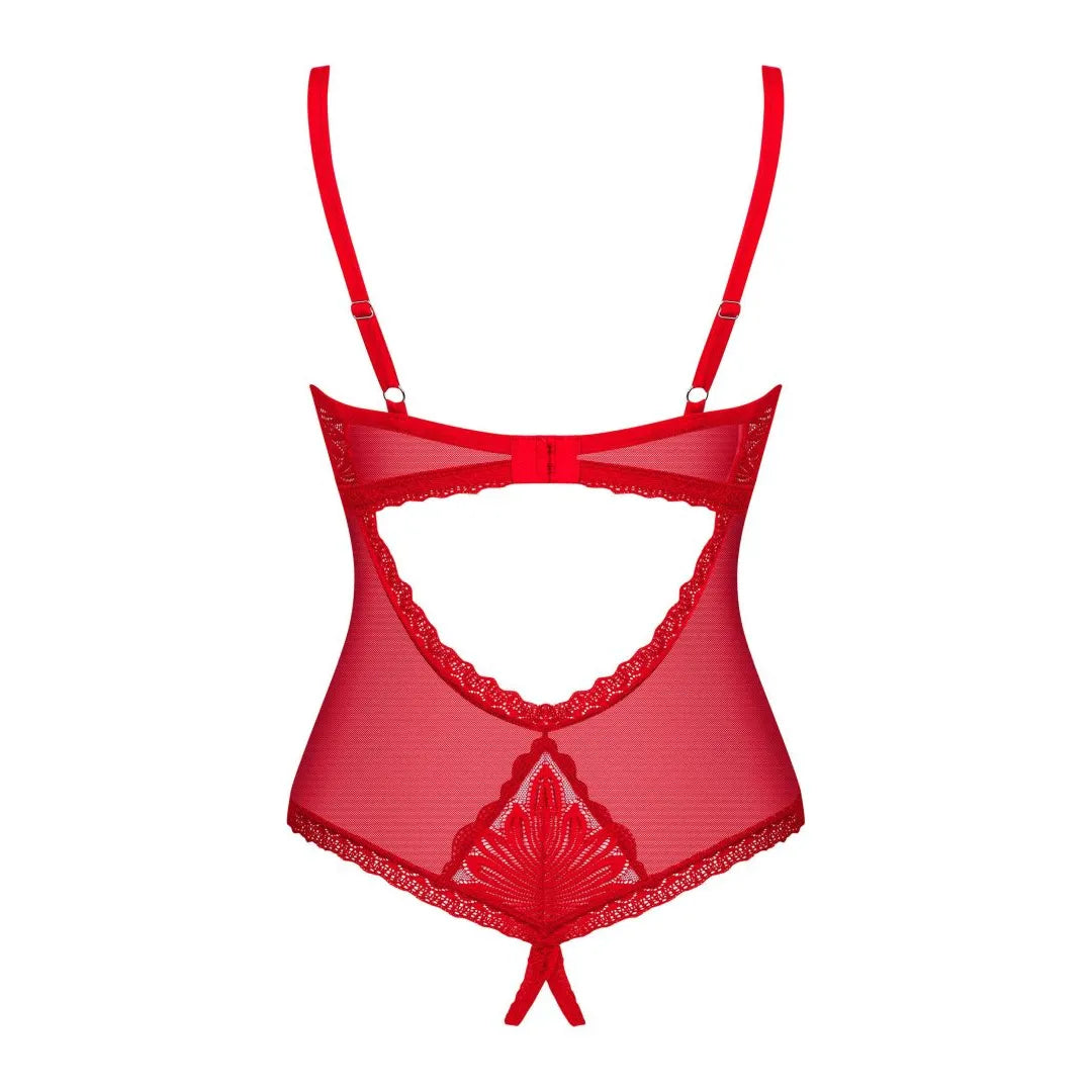 Chilisa body ouvert rouge lingerie sensuelle ajustable dentelle cœur argenté
