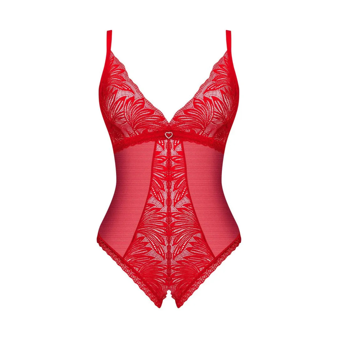 Chilisa body ouvert rouge lingerie sensuelle ajustable dentelle cœur argenté