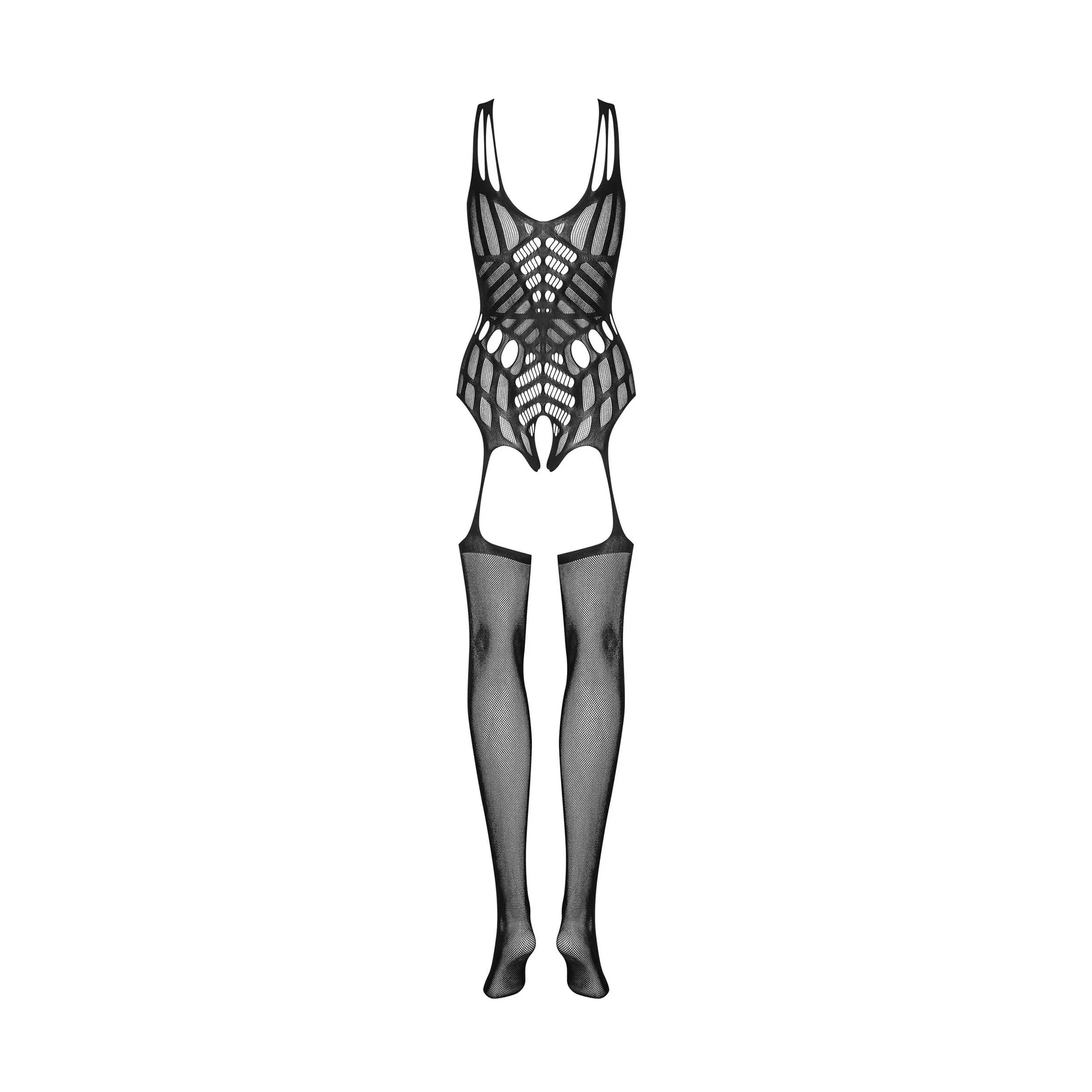 Bodystocking noir motifs géométriques, tissu flexible, ajustement parfait, allure séduisante, idéal pour la séduction.