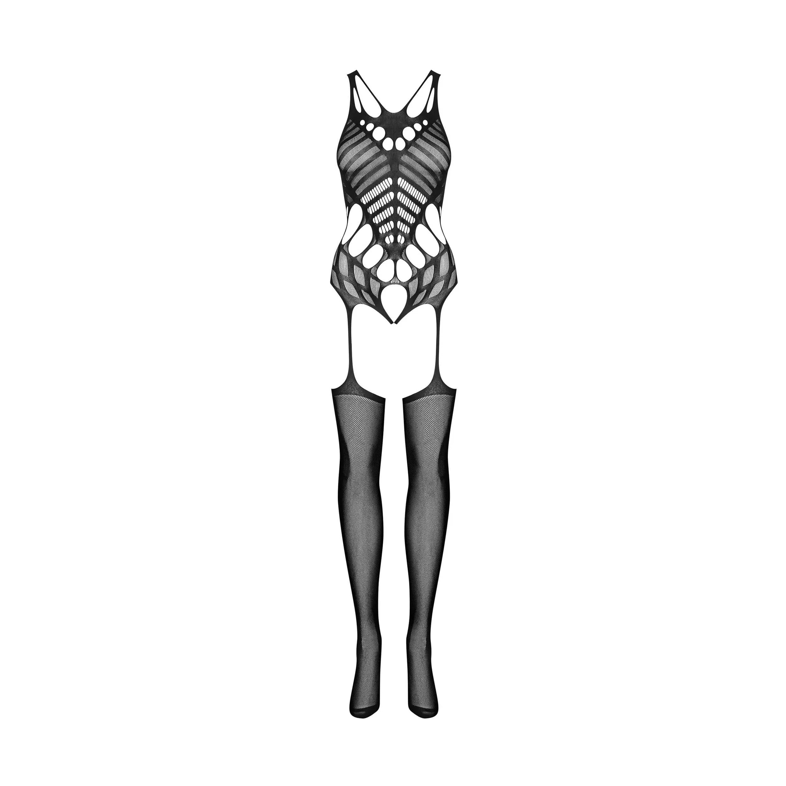 Bodystocking noir sexy motifs géométriques, tissu flexible, ajustement parfait, allure séduisante et élégante.