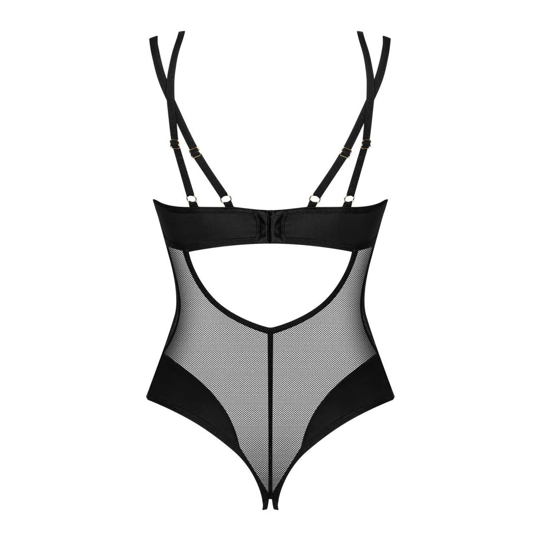 Body ouvert noir avec sangle ajustable, pendentif doré, design audacieux et élégant, lingerie sensuelle et confortable.