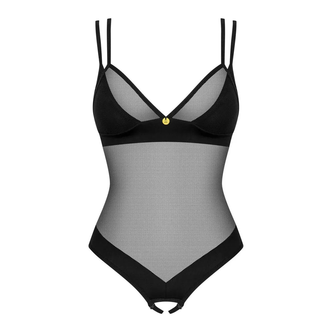Body noir ouvert avec sangle ajustable et pendentif doré, design élégant et audacieux, lingerie sexy et confortable.