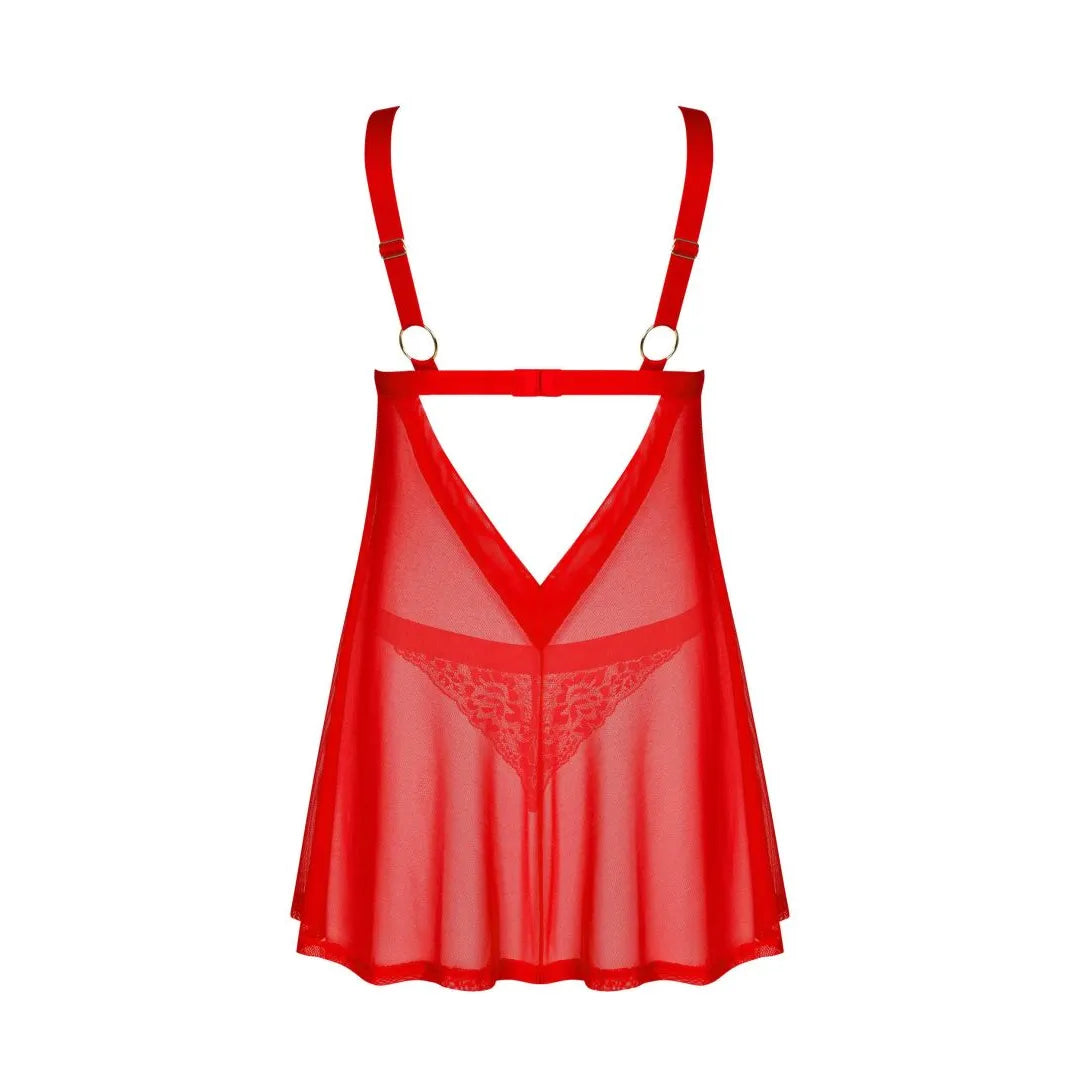 Babydoll rouge en dentelle avec string ajustable, détails cœur doré, tissu léger et aérien, élégance féminine.
