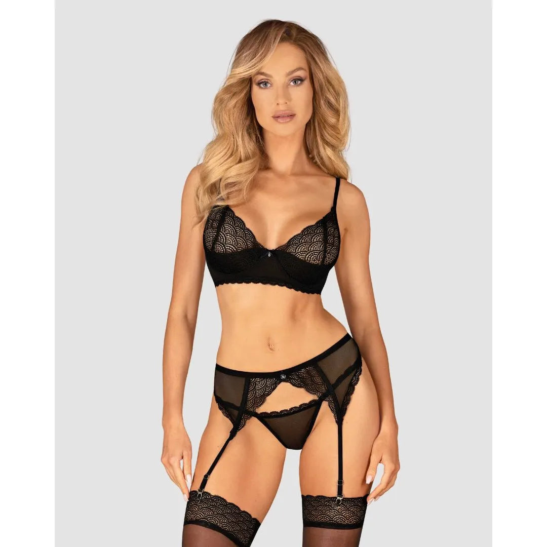 Ensemble lingerie sexy noir 3 pièces avec porte-jarretelles dentelle