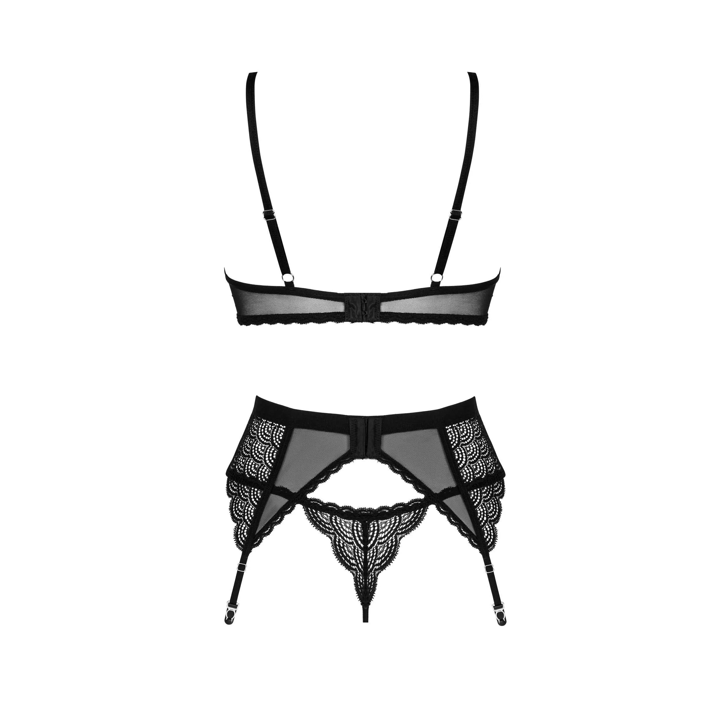 Ensemble lingerie sexy noir 3 pièces avec porte-jarretelles dentelle