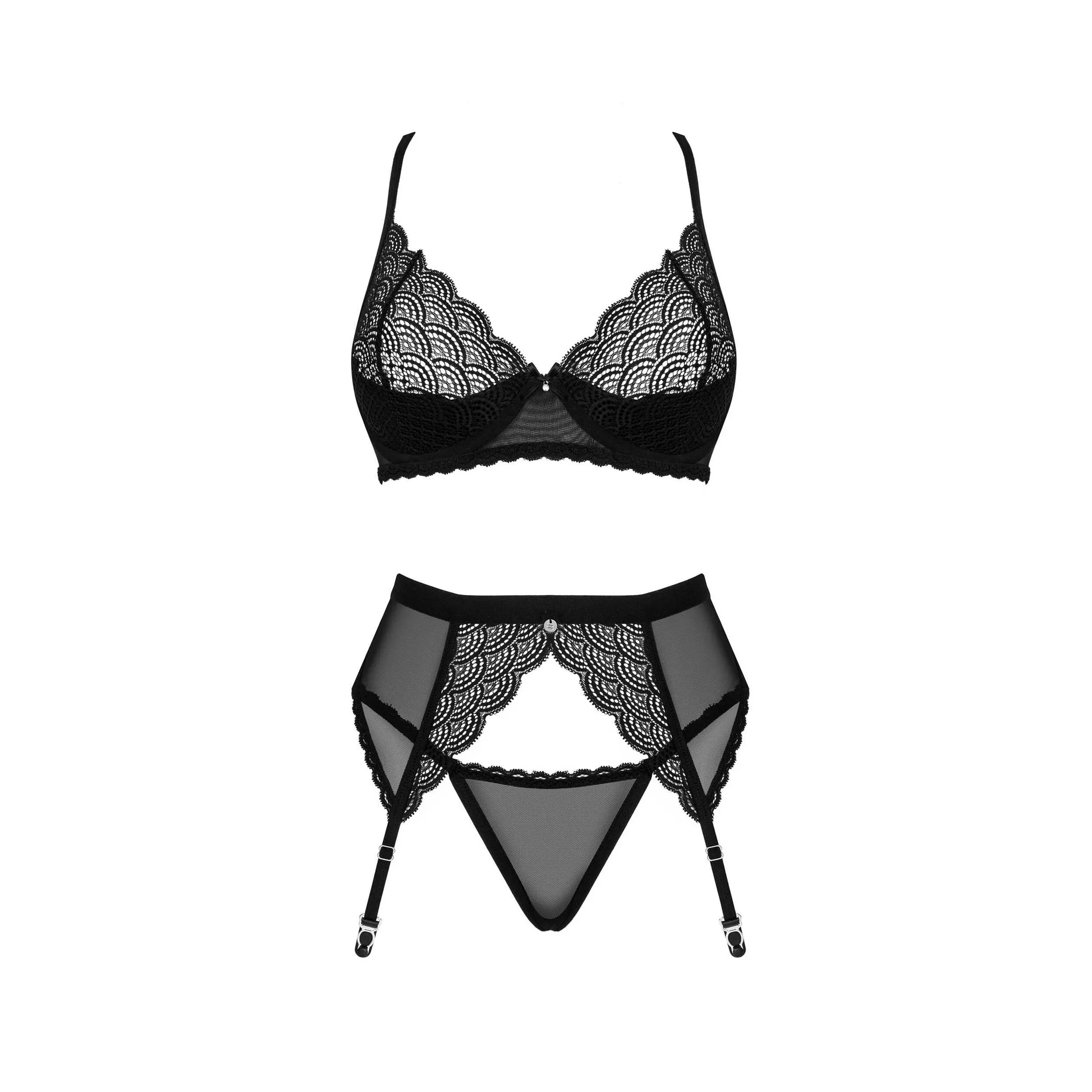 Ensemble lingerie sexy noir 3 pièces avec porte-jarretelles dentelle