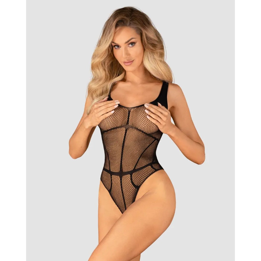 Body noir en maille motif intrigant, entrejambe ouvert, révélant élégamment les courbes pour une allure séduisante.