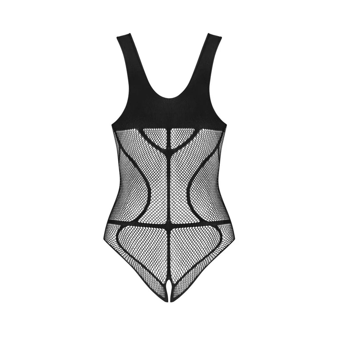 Body noir en maille avec motif intrigant, entrejambe ouvert, design séduisant et élégant pour sublimer les courbes.