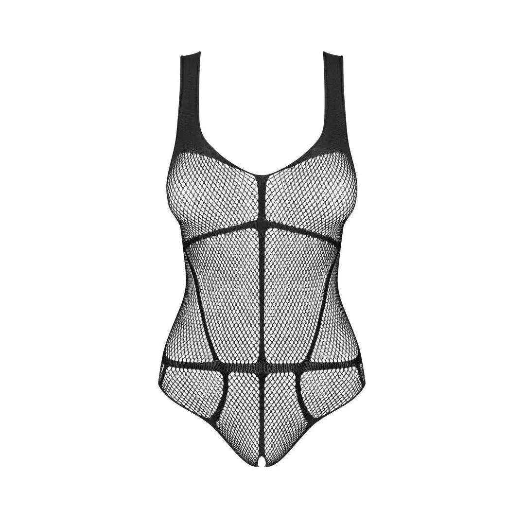Body noir sexy en maille, motif intrigant, entrejambe ouvert, design élégant et séduisant, ajustement parfait.