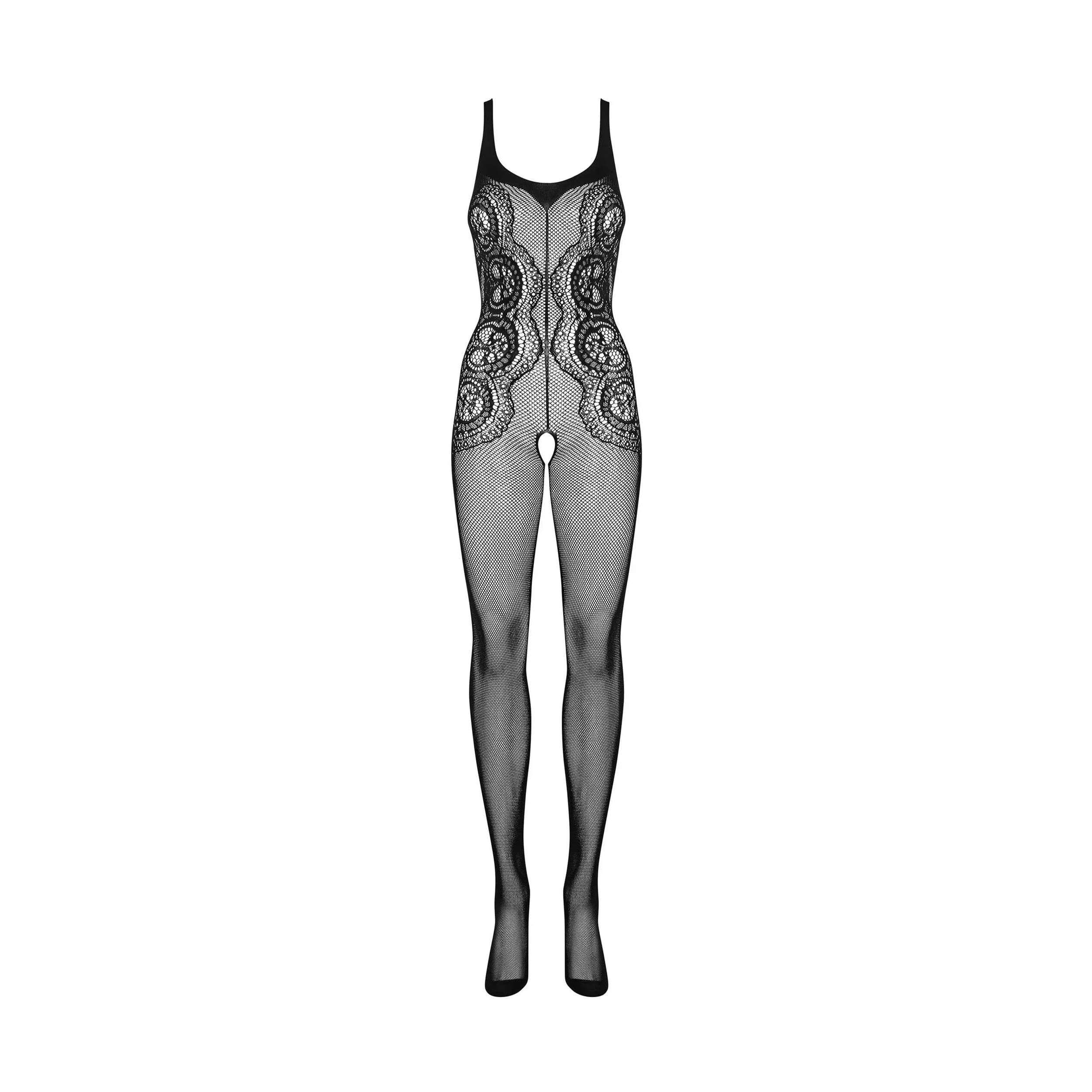 Bodystocking noir maille ouverte motif unique, entrejambe ouvert, élégant et sexy, G335, lingerie séduisante et confortable.