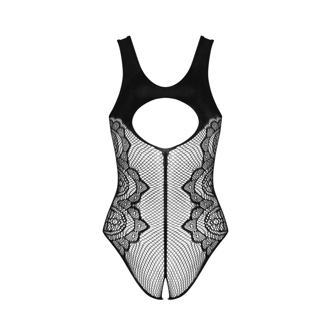 Body noir B335 ouvert, maille fine, motifs floraux, entrejambe ouvert, design séduisant et élégant.