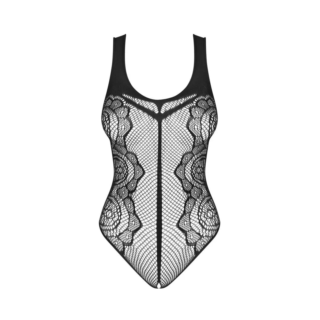 Body noir ouvert en maille avec motifs floraux, entrejambe ouvert, accentue la silhouette féminine, lingerie séduisante.