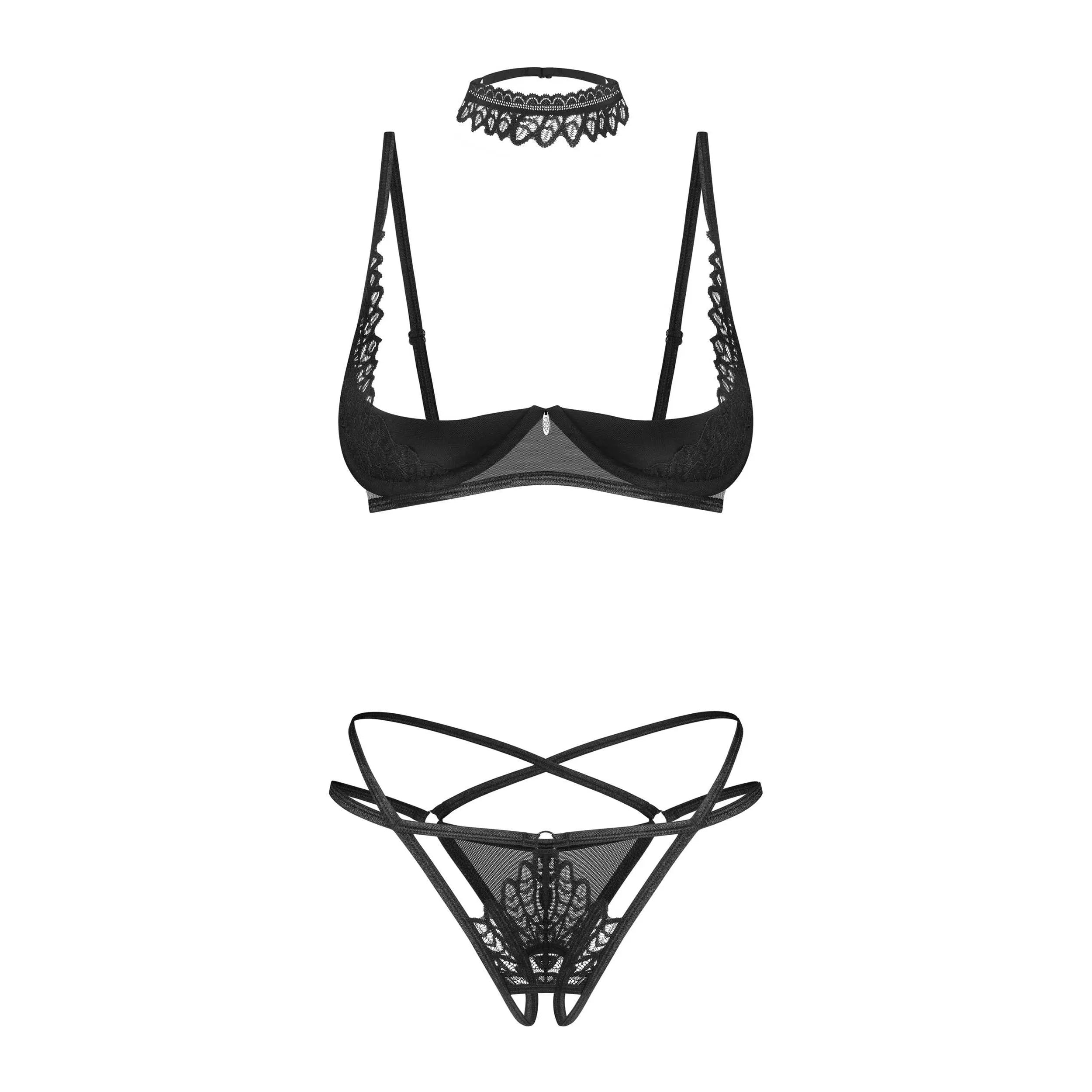 Ensemble lingerie noir 3 pièces sexy avec dentelle et pendentif brillant
