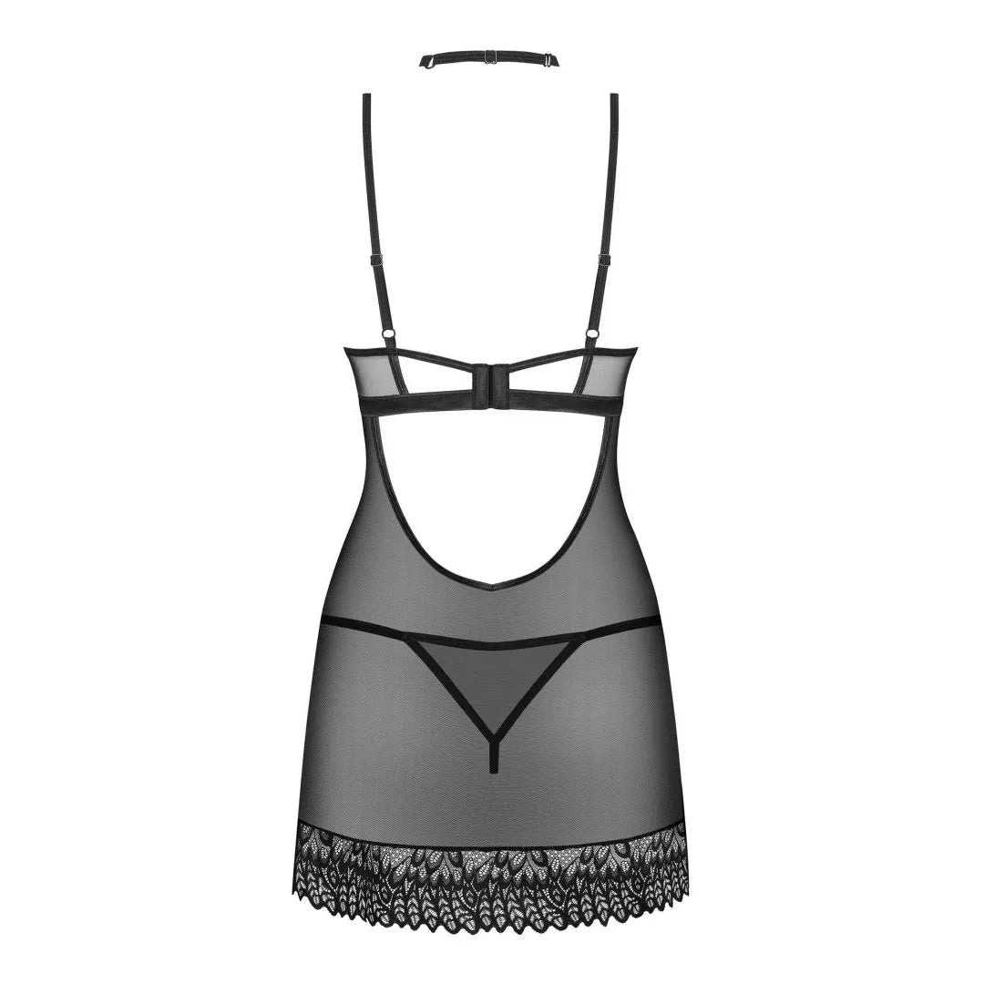 Ensemble lingerie noire sensuel minimaliste chemise string choker détails brillants