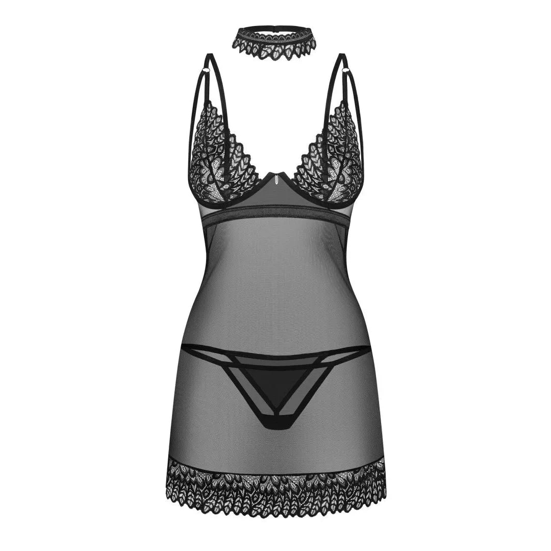 Ensemble lingerie noire sensuel minimaliste chemise string choker détails brillants