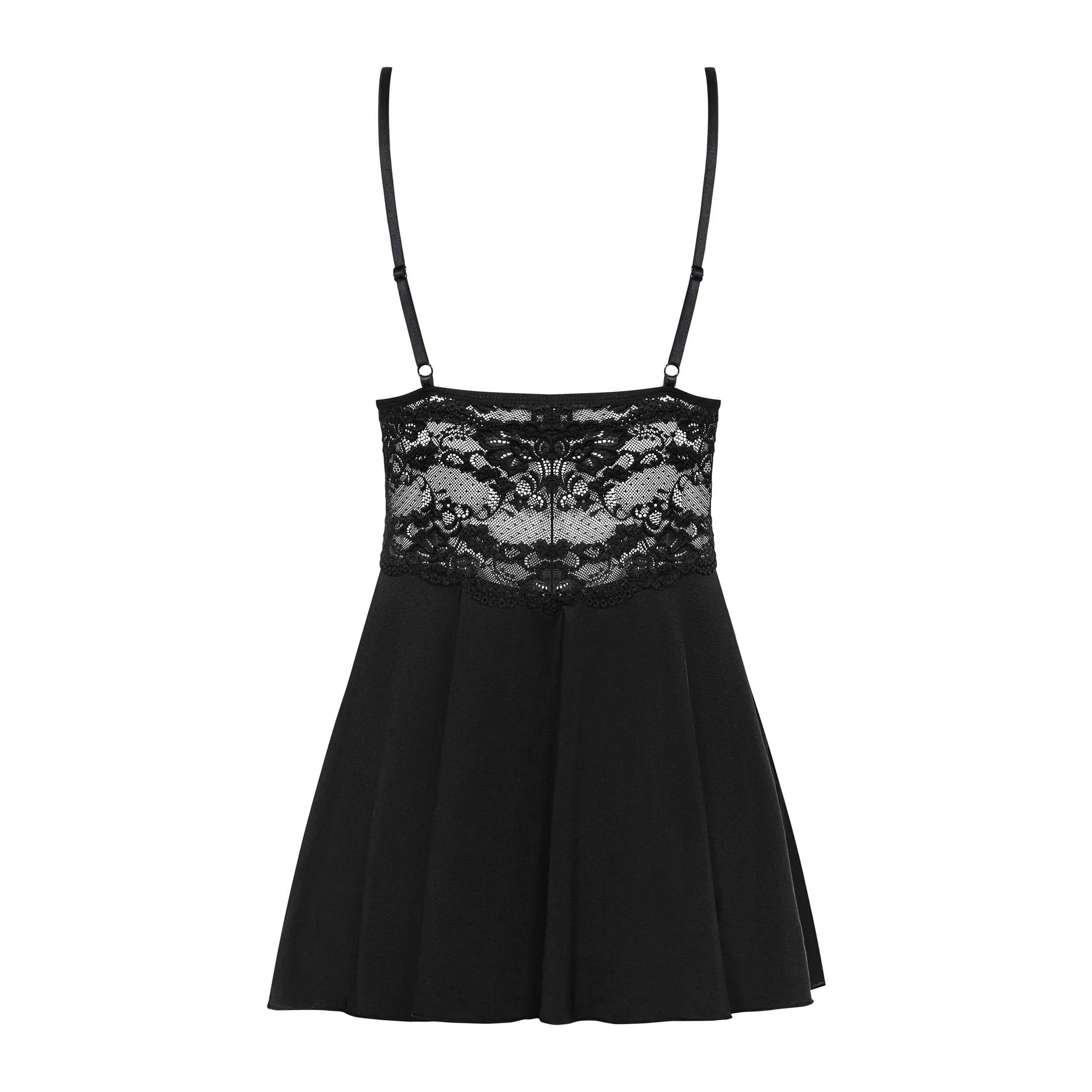 Nuisette babydoll noire en dentelle, coupe évasée, bretelles réglables, décolleté en V, string inclus.