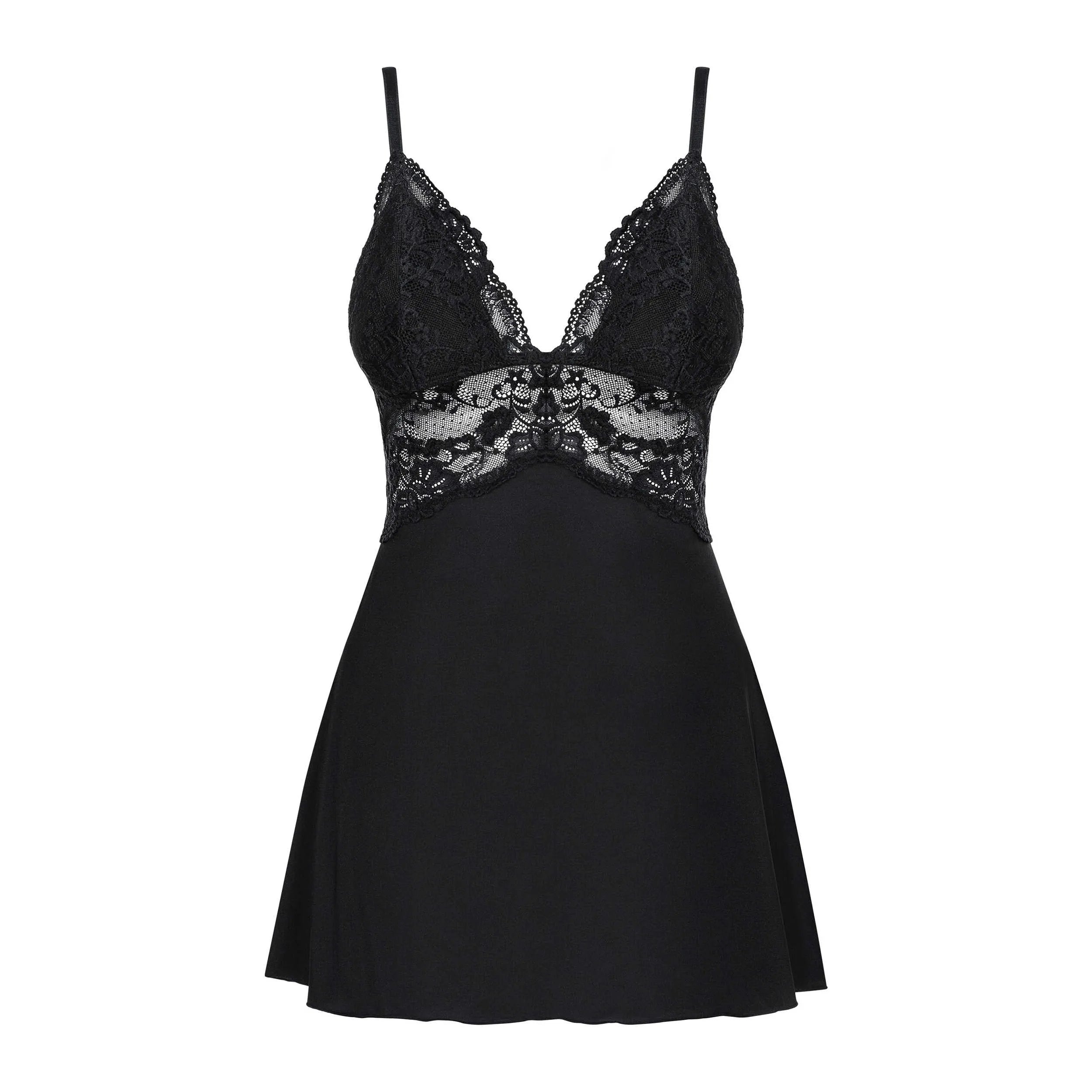 Nuisette babydoll noire en dentelle, coupe évasée, décolleté plongeant, bretelles réglables, string inclus.