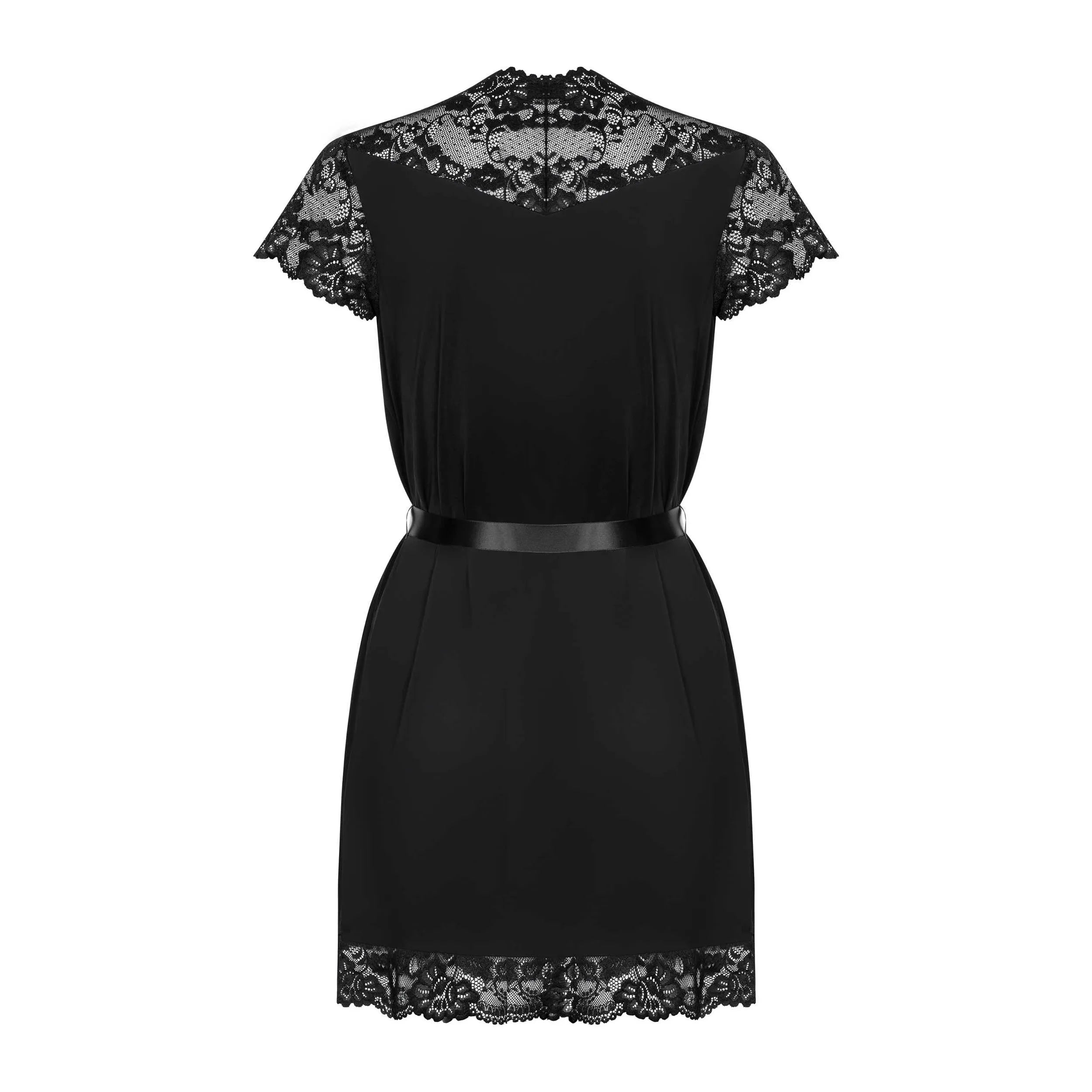 Peignoir noir en dentelle délicate avec ceinture satinée, manches évasées, style sexy et féminin, collection 810.