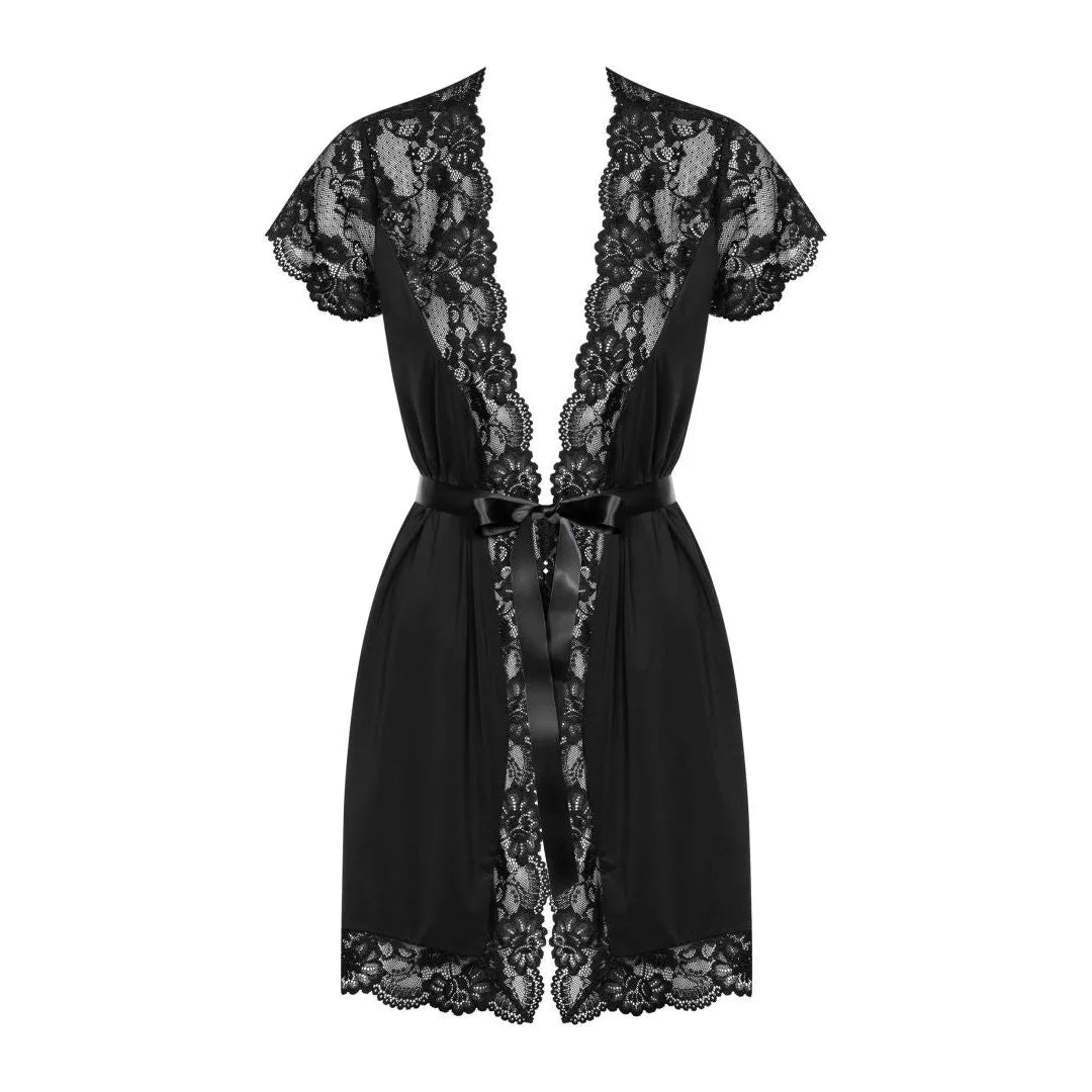 Peignoir noir en dentelle délicate avec ceinture satinée, manches évasées, style sexy et élégant pour féminité affirmée.