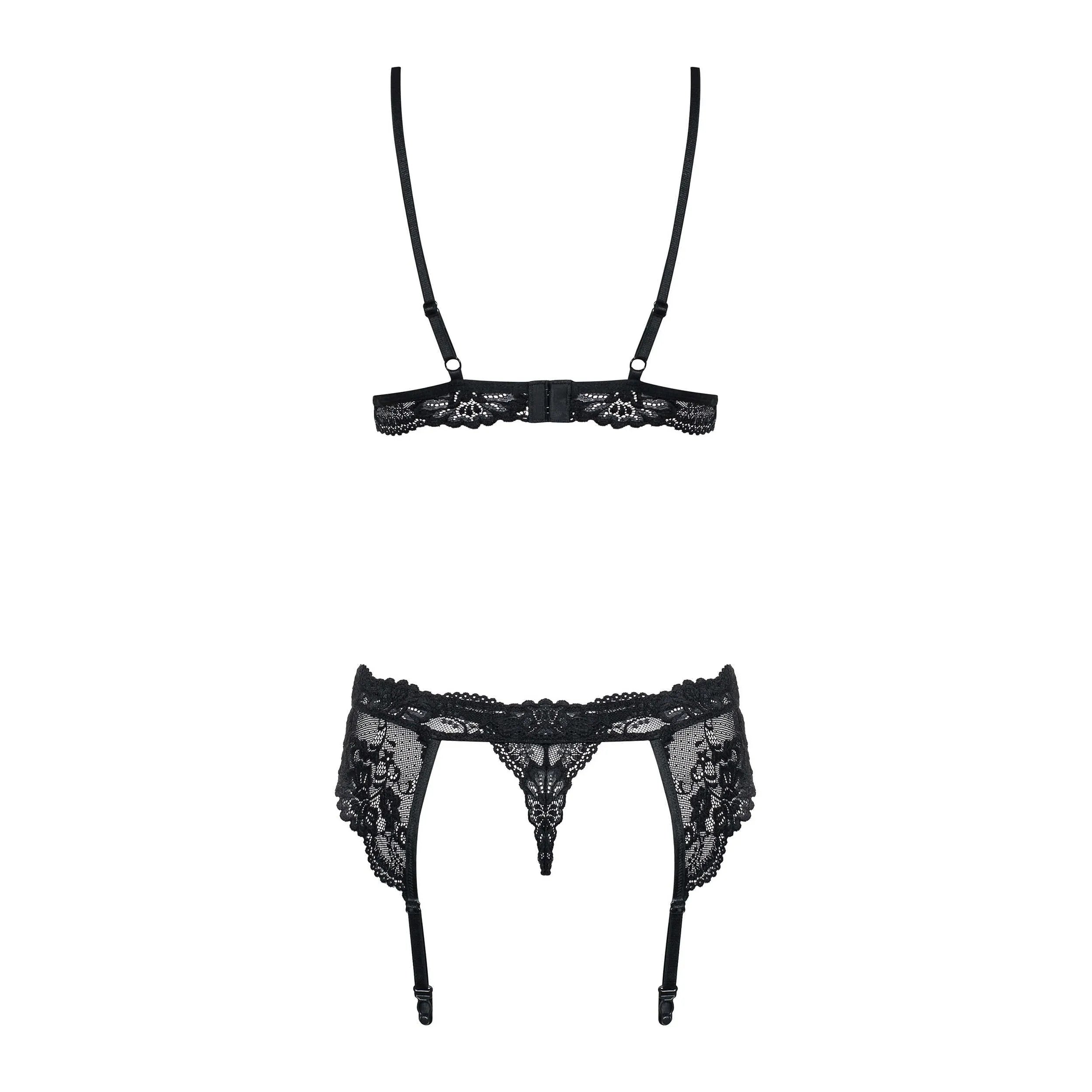 Ensemble lingerie noir dentelle, soutien-gorge ajustable, porte-jarretelles, string, motifs élégants.